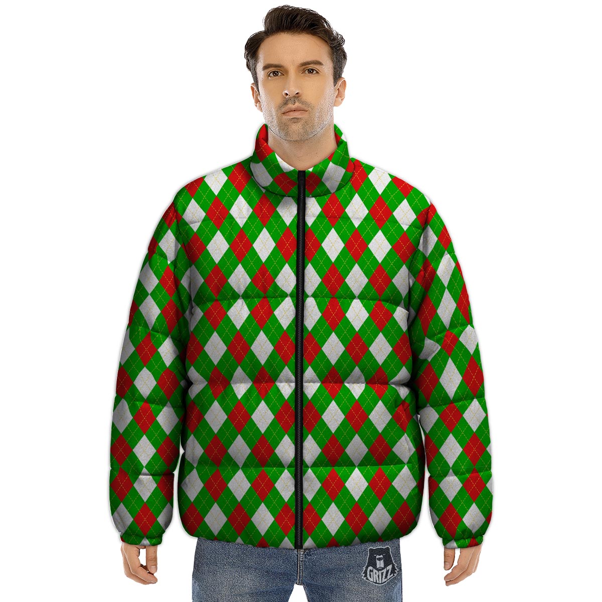 White Argyle And Green Red Print Pattern Puffer Jacket-grizzshop