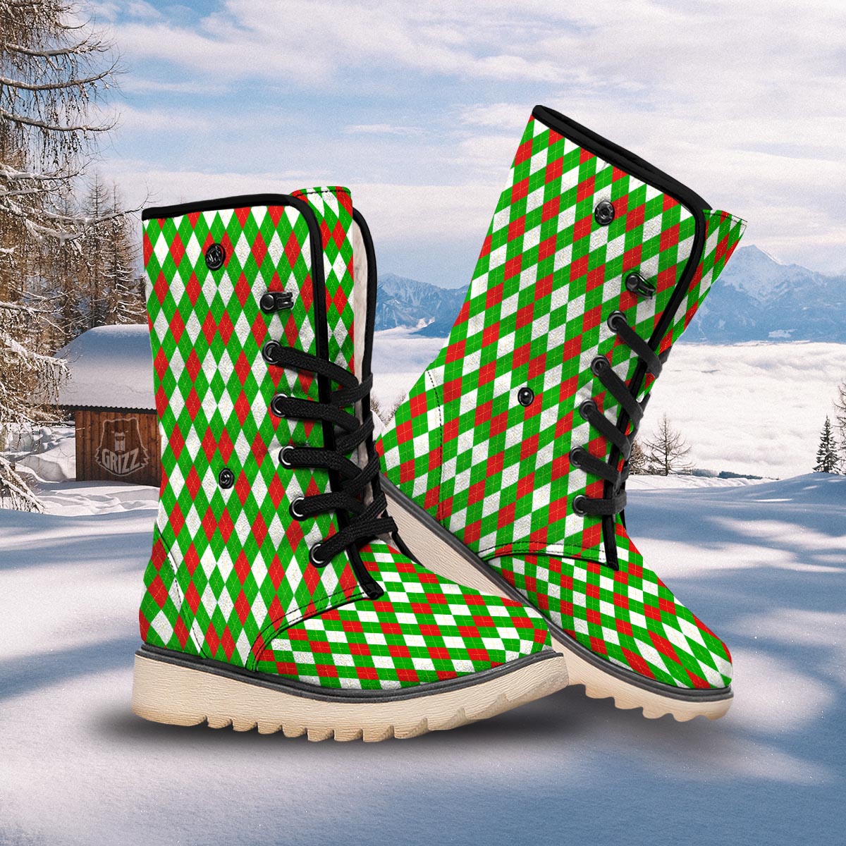 White Argyle And Green Red Print Pattern Snow Boots-grizzshop