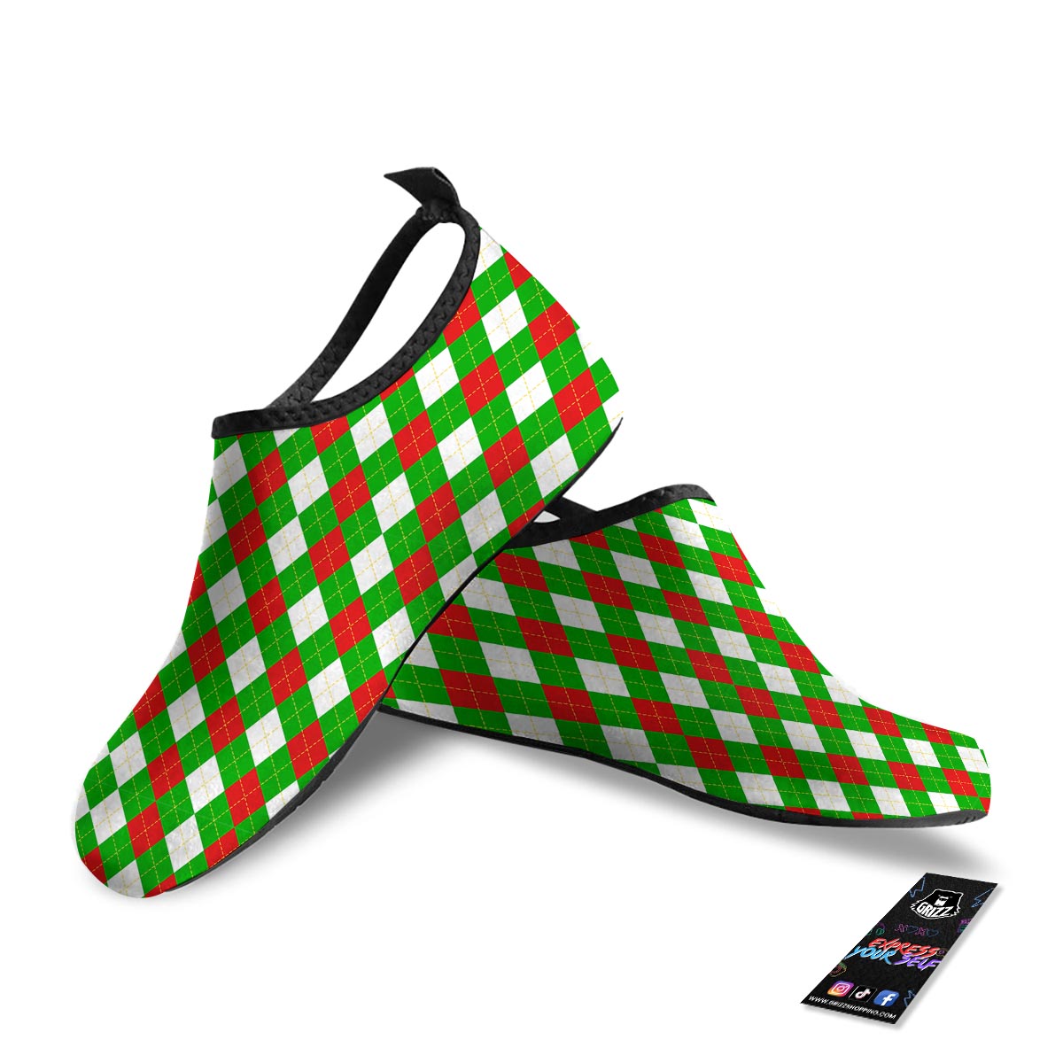 White Argyle And Green Red Print Pattern Water Shoes-grizzshop