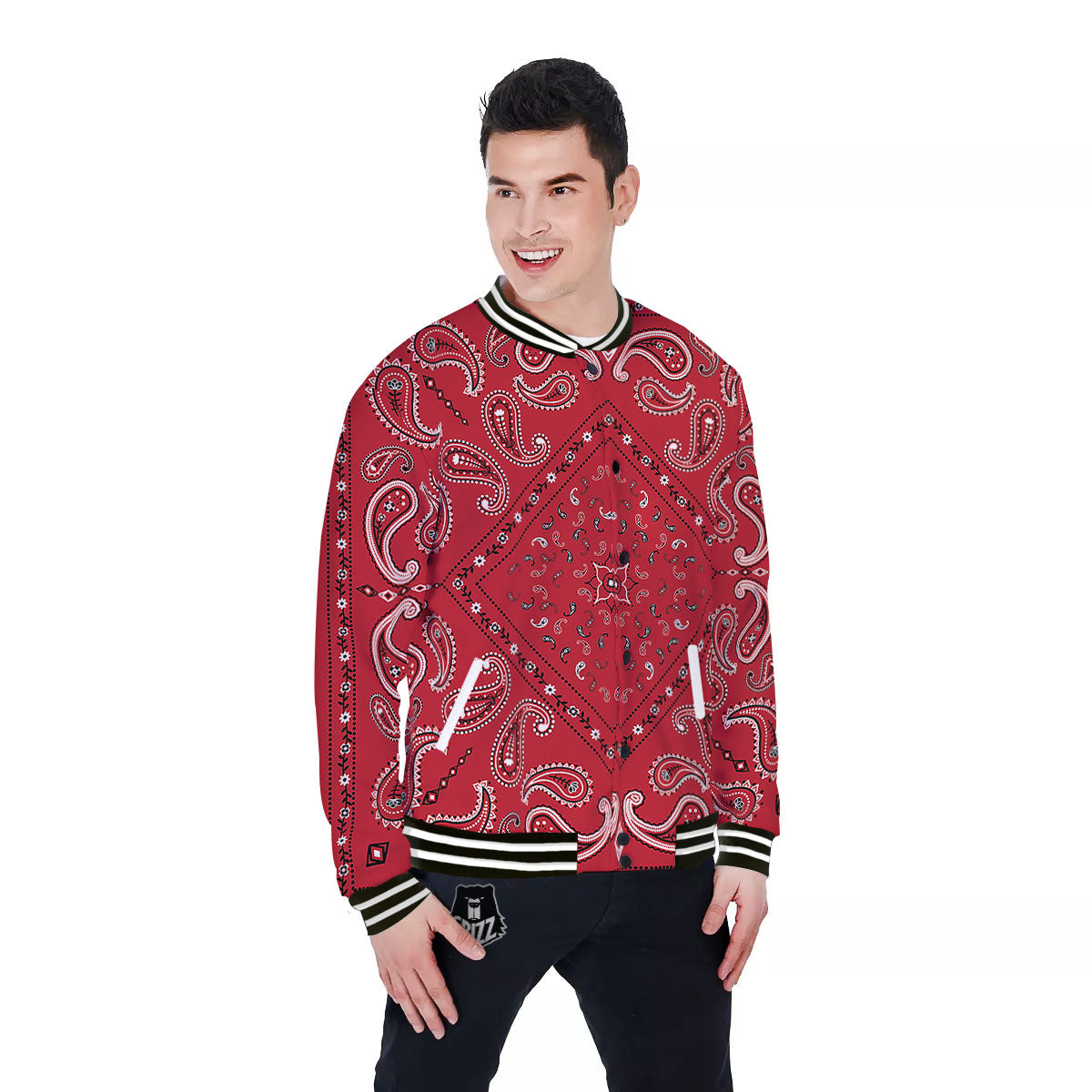 White Bandana And Black Red Print Baseball Jacket-grizzshop