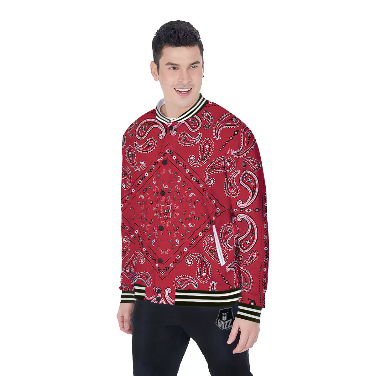 White Bandana And Black Red Print Baseball Jacket-grizzshop