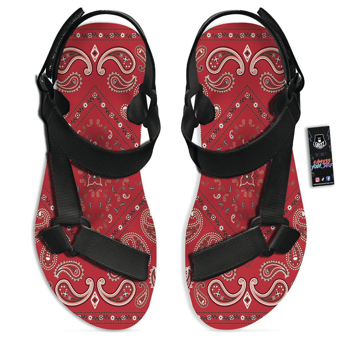 White Bandana And Black Red Print Black Open Toe Sandals-grizzshop