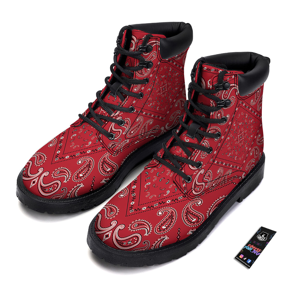 White Bandana And Black Red Print Boots-grizzshop