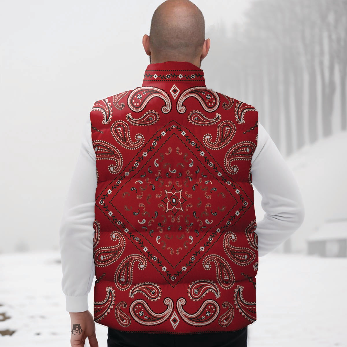 White Bandana And Black Red Print Down Vest