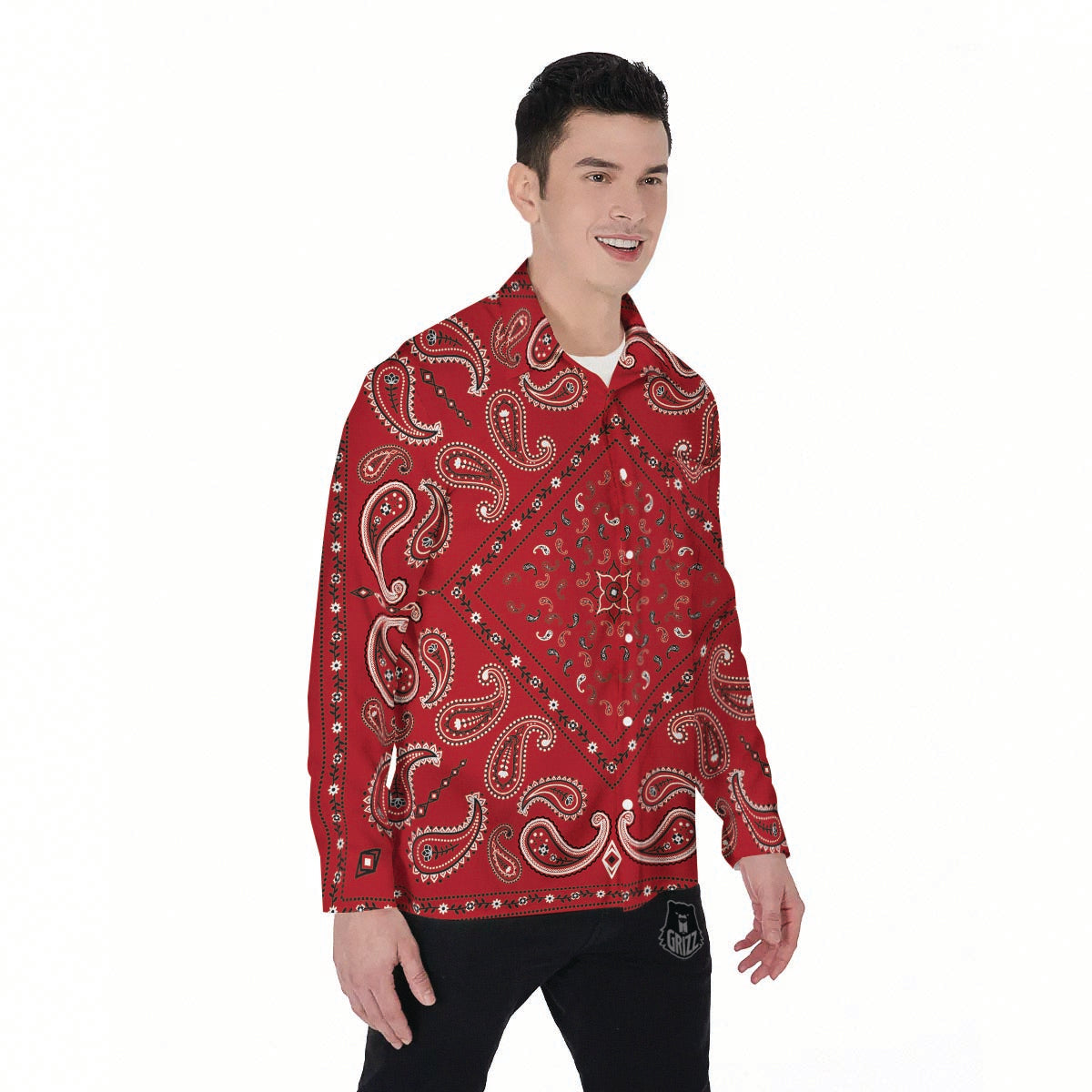 White Bandana And Black Red Print Men's Long Sleeve Shirts-grizzshop