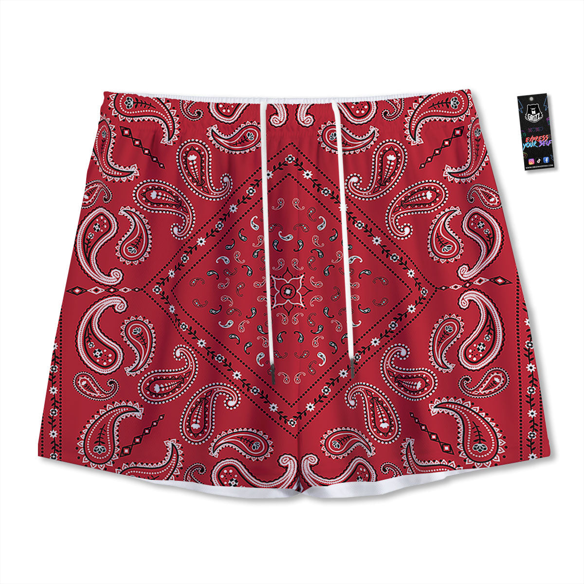 White Bandana And Black Red Print Mesh Shorts