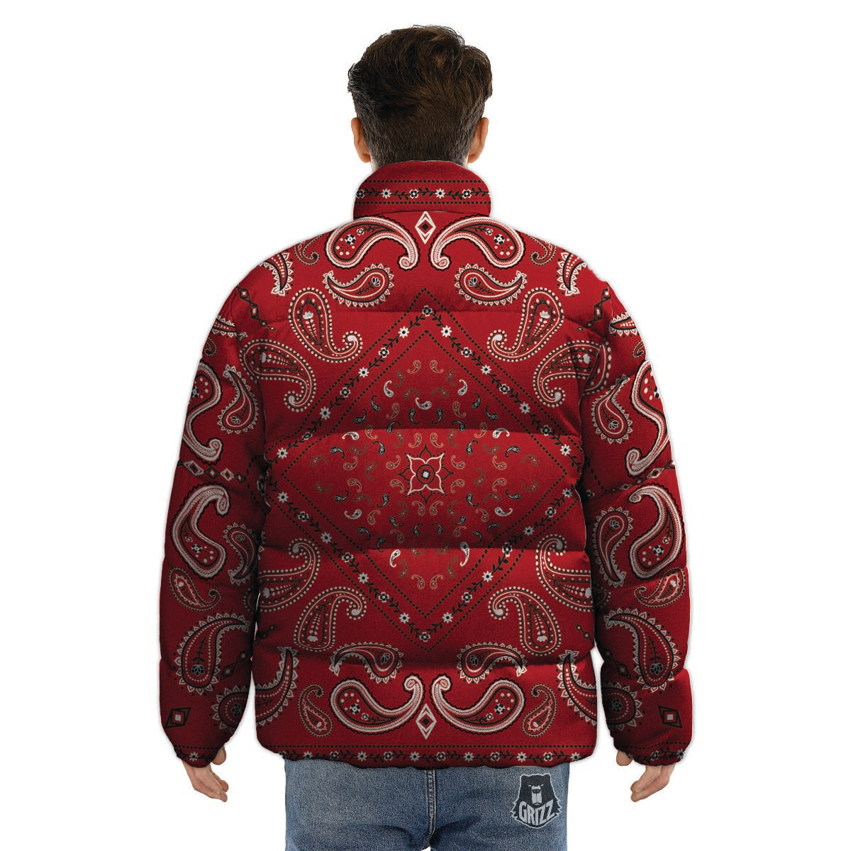 White Bandana And Black Red Print Puffer Jacket-grizzshop