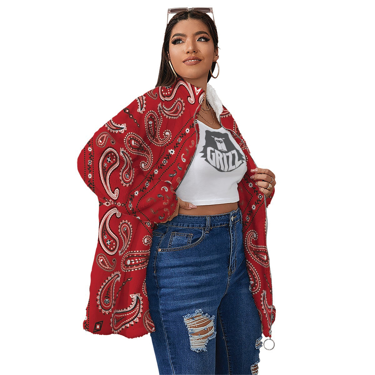 White Bandana And Black Red Print Women's Sherpa Jacket-grizzshop