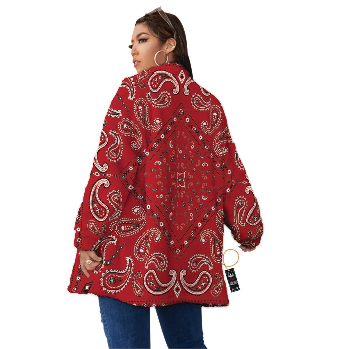 White Bandana And Black Red Print Women's Sherpa Jacket-grizzshop