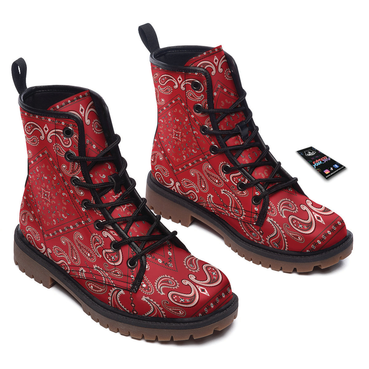 White Bandana And Black Red Print Work Boots-grizzshop