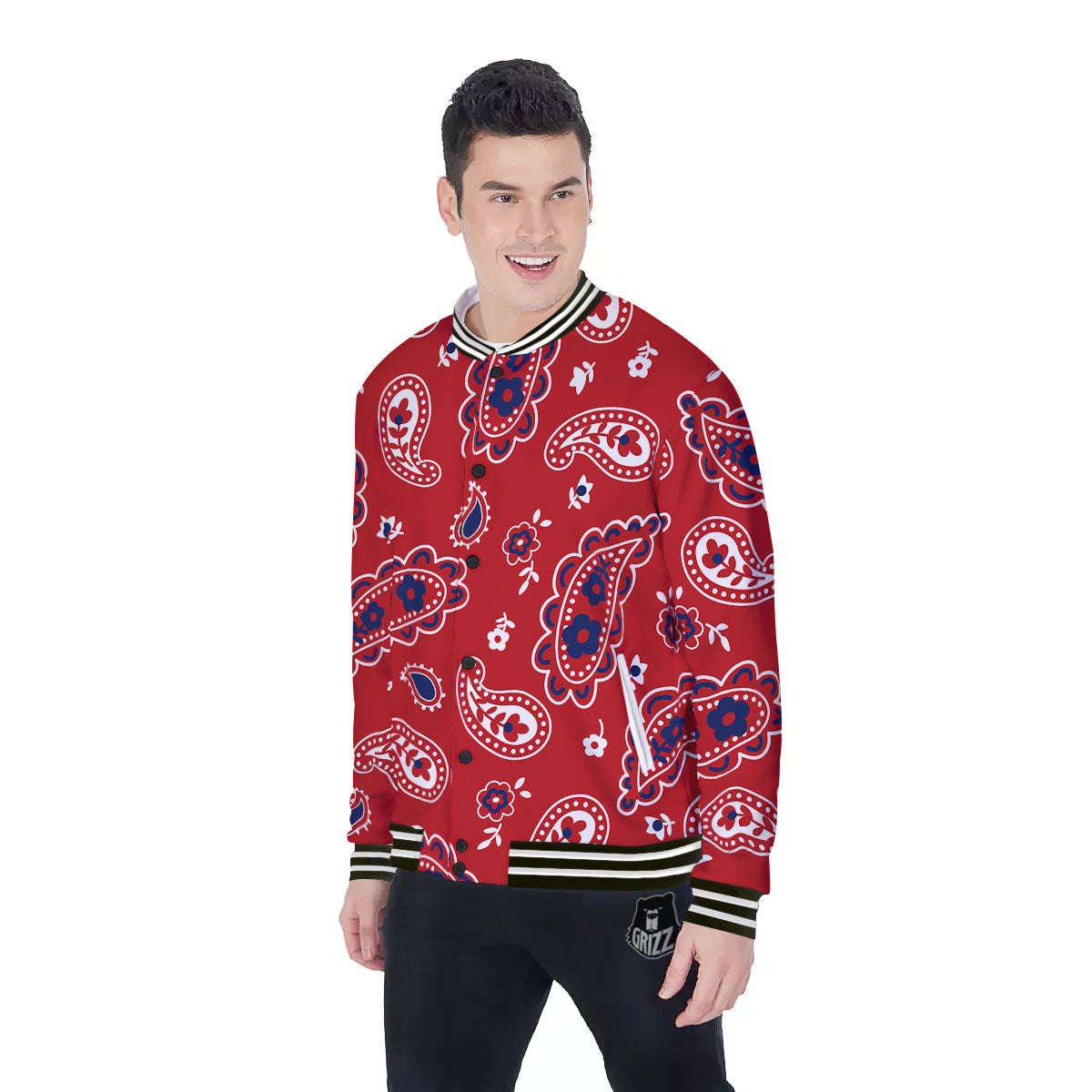 White Bandana And Blue Red Print Baseball Jacket-grizzshop