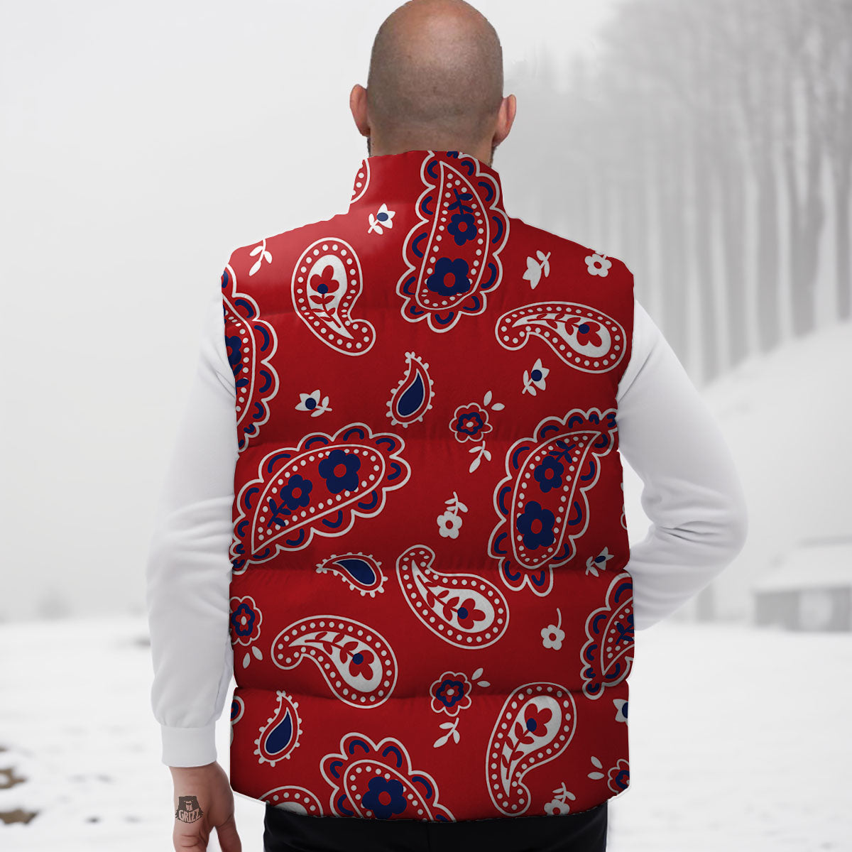 White Bandana And Blue Red Print Down Vest