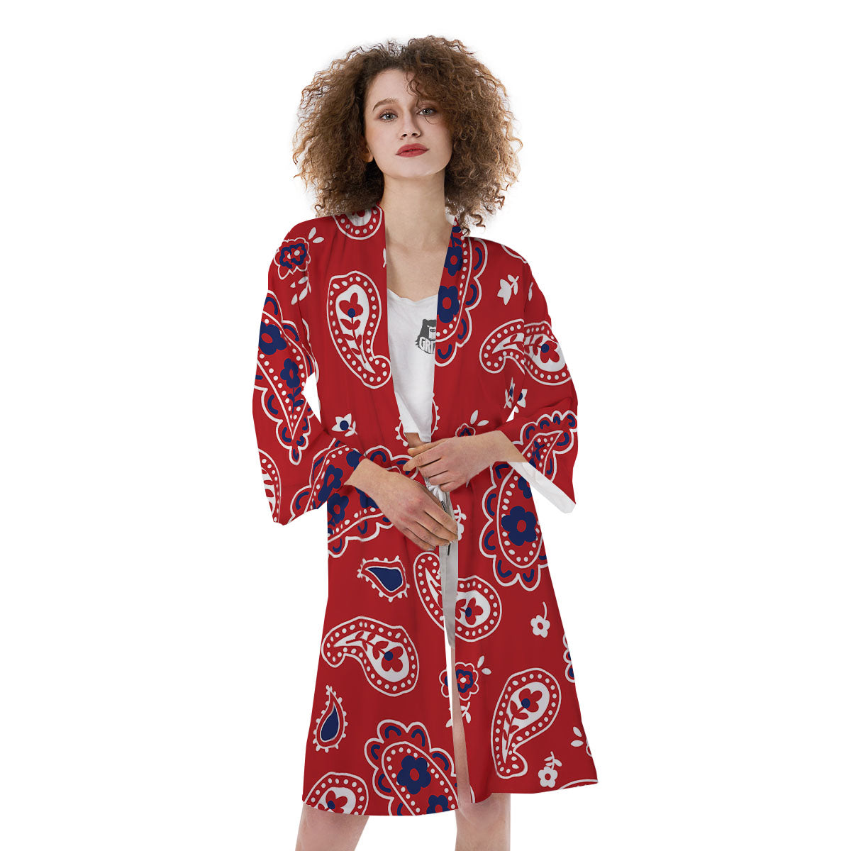 White Bandana And Blue Red Print Kimono-grizzshop