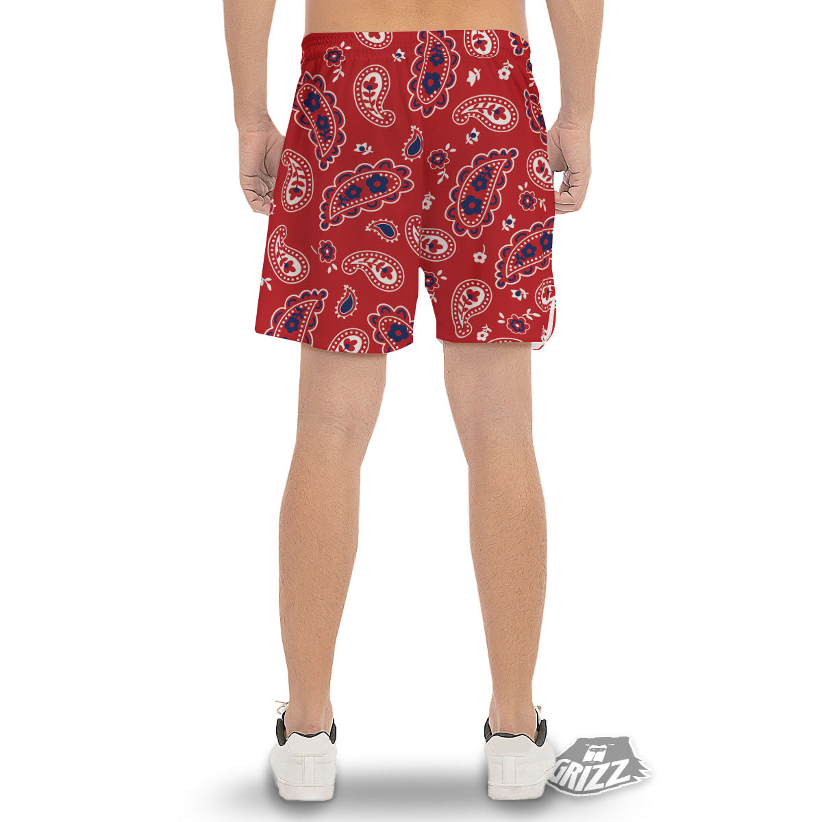 White Bandana And Blue Red Print Men's Gym Shorts-grizzshop