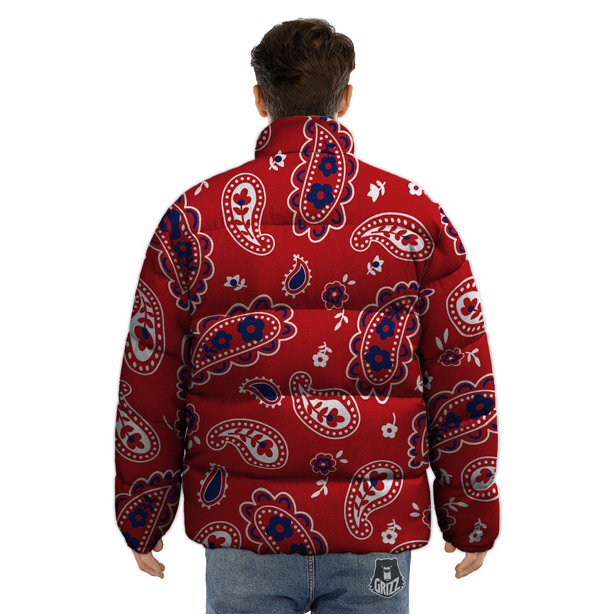 White Bandana And Blue Red Print Puffer Jacket-grizzshop
