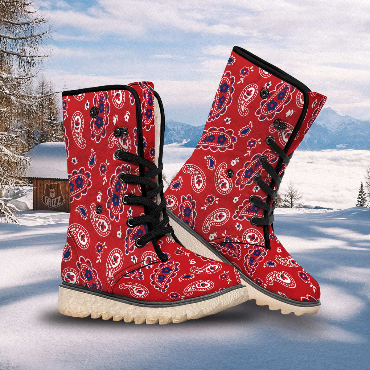 White Bandana And Blue Red Print Snow Boots-grizzshop