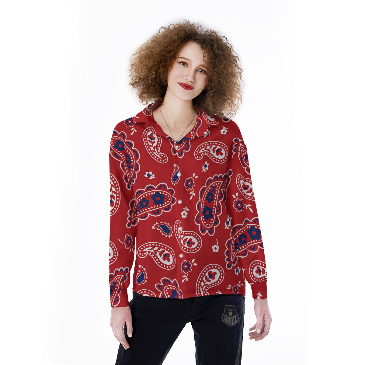 White Bandana And Blue Red Print Women's Long Sleeve Shirts-grizzshop