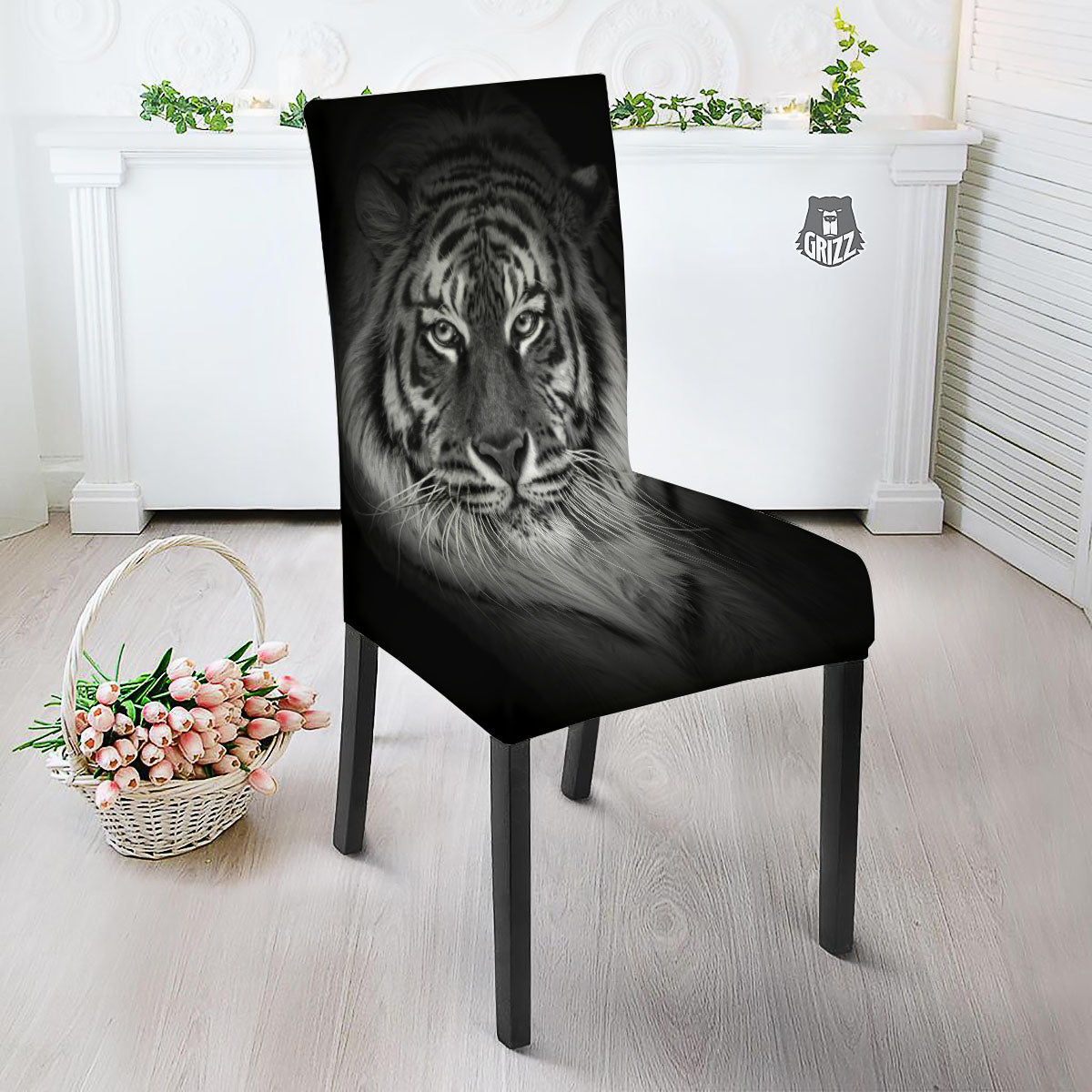 White Bengal Tiger Monochrome Print Dining Chair Slipcover-grizzshop