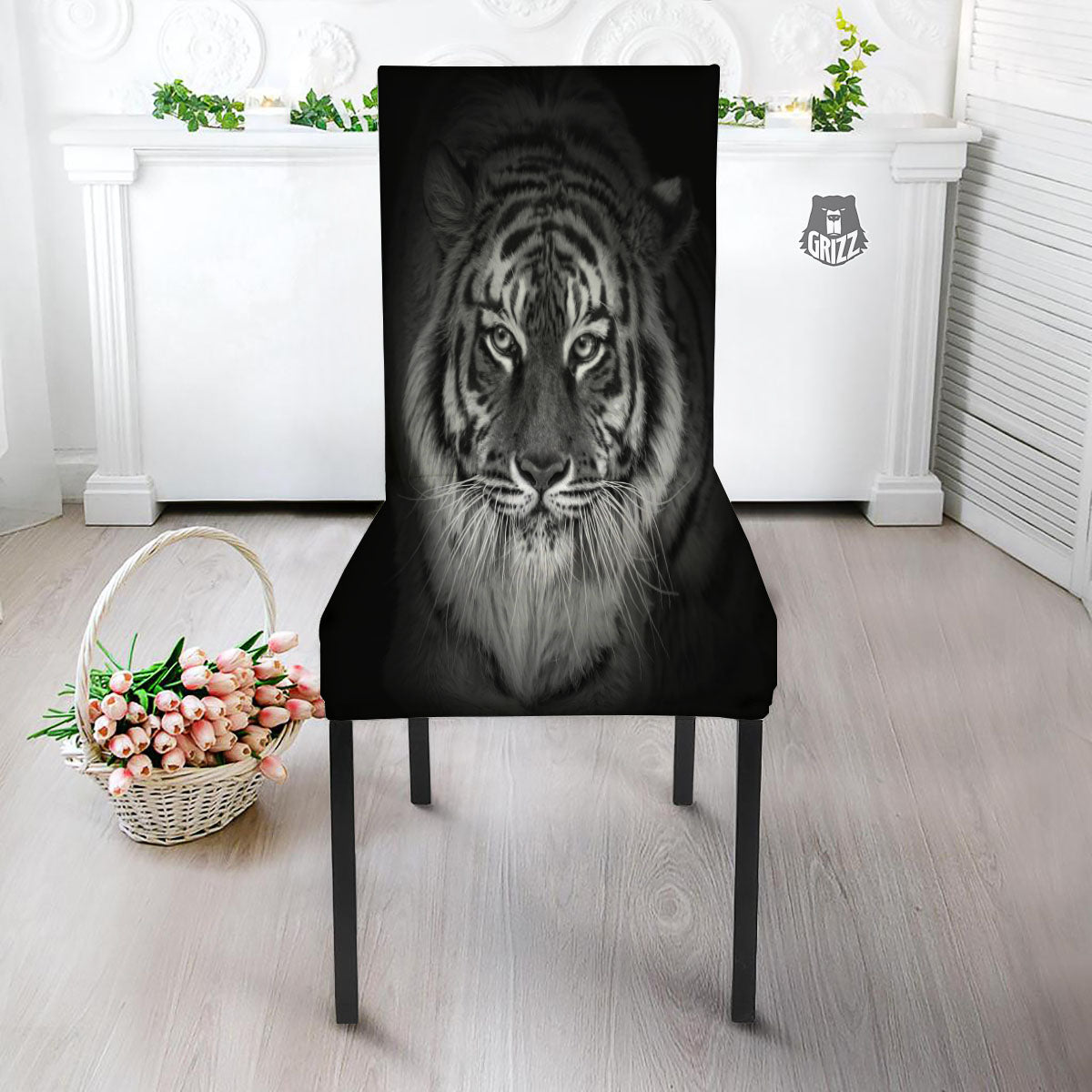 White Bengal Tiger Monochrome Print Dining Chair Slipcover-grizzshop