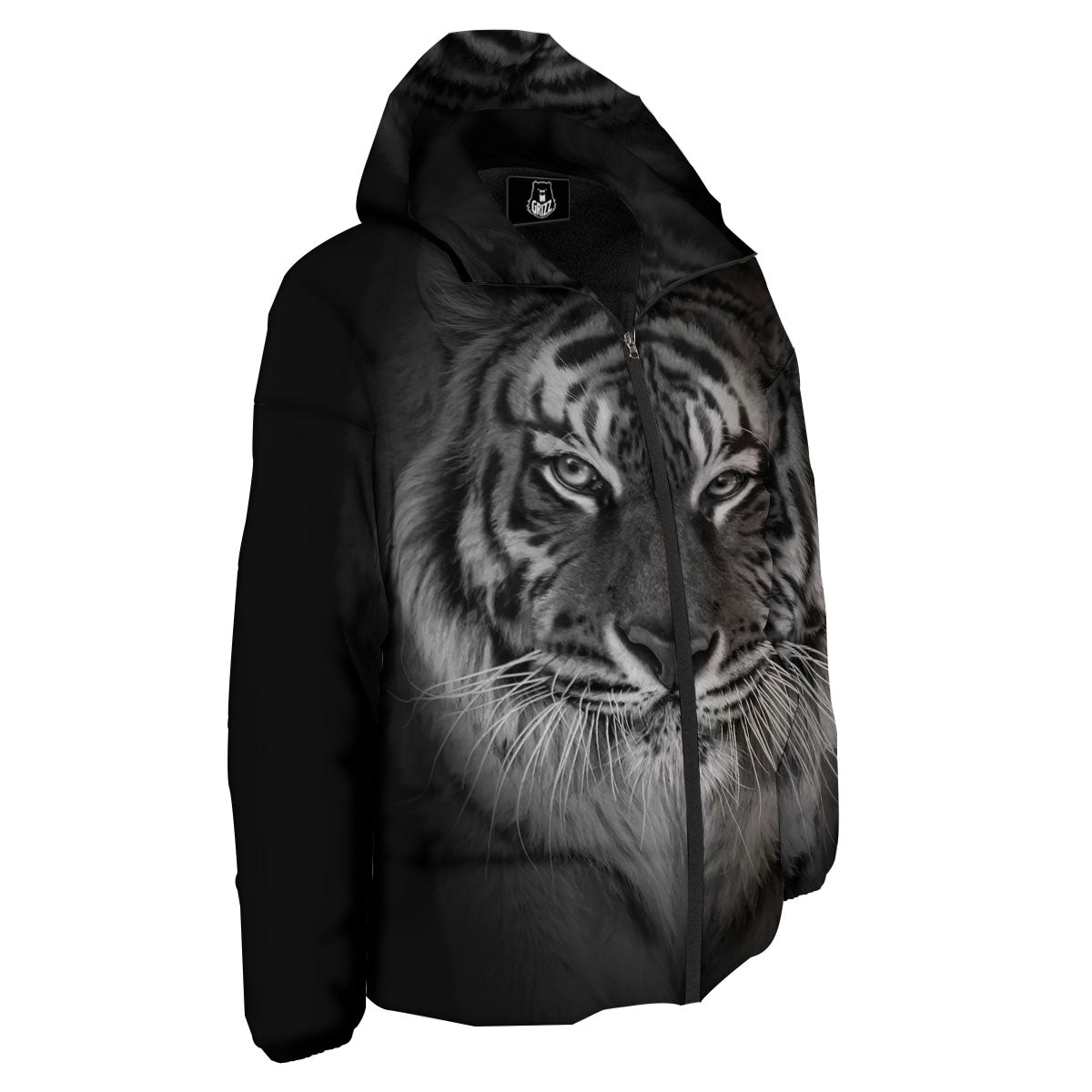 White Bengal Tiger Monochrome Print Down Jacket-grizzshop
