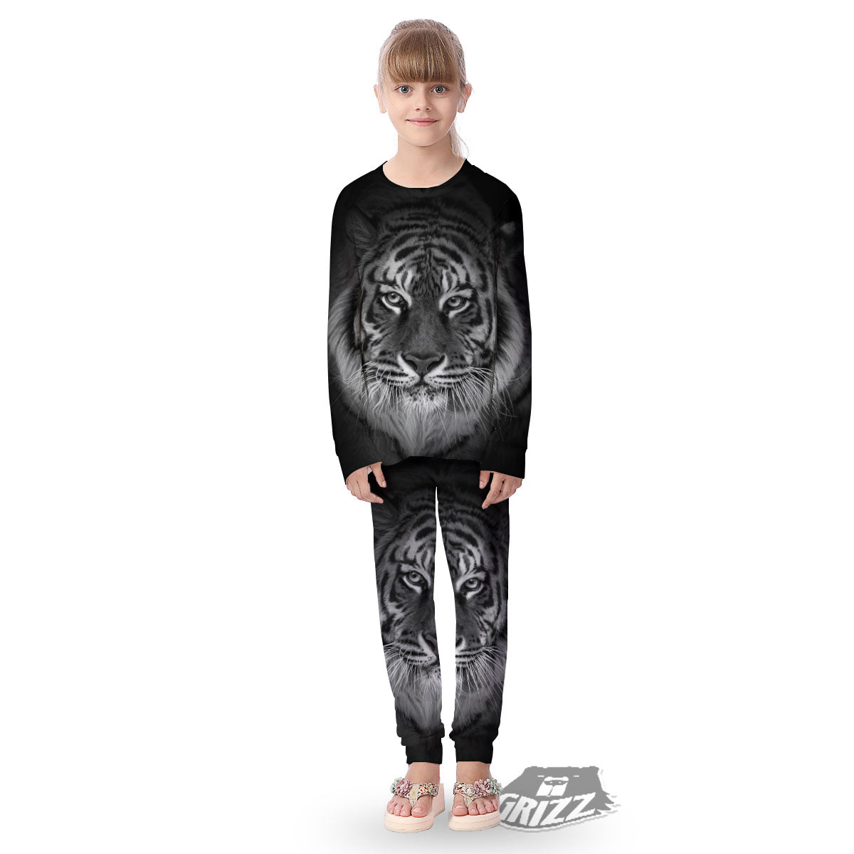 White Bengal Tiger Monochrome Print Kid's Pajamas-grizzshop