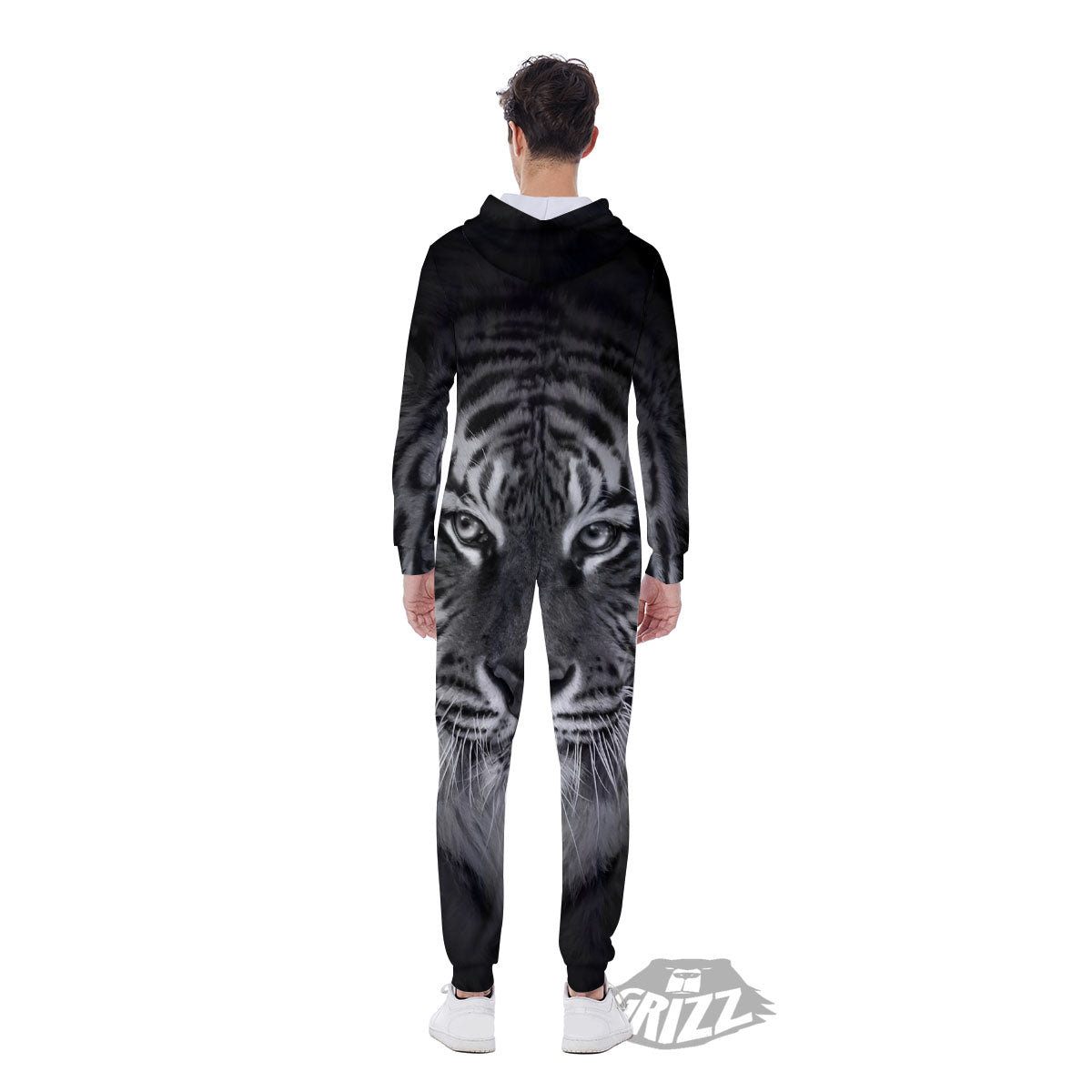 White Bengal Tiger Monochrome Print Men's Jumpsuit-grizzshop