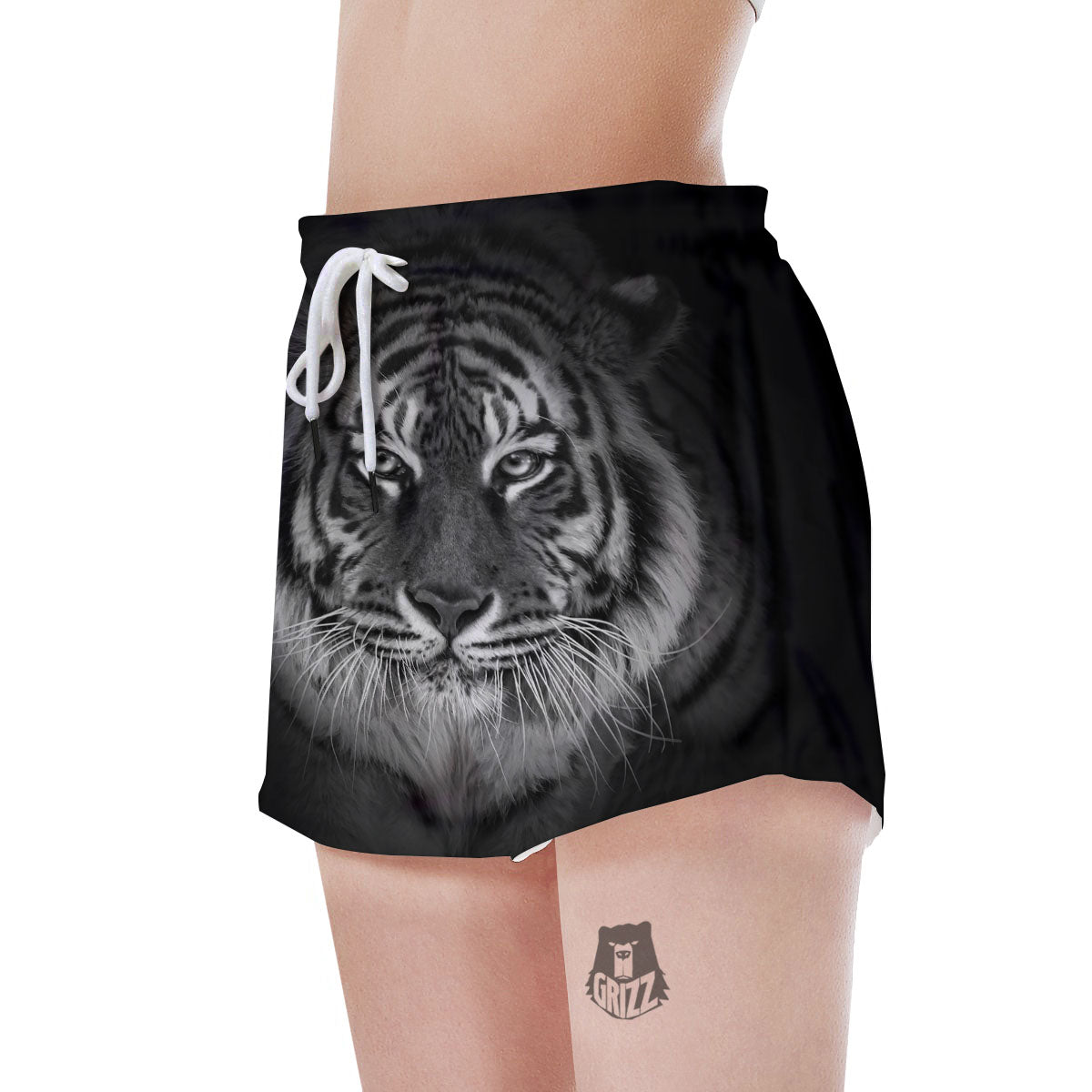 White Bengal Tiger Monochrome Print Women's Shorts-grizzshop