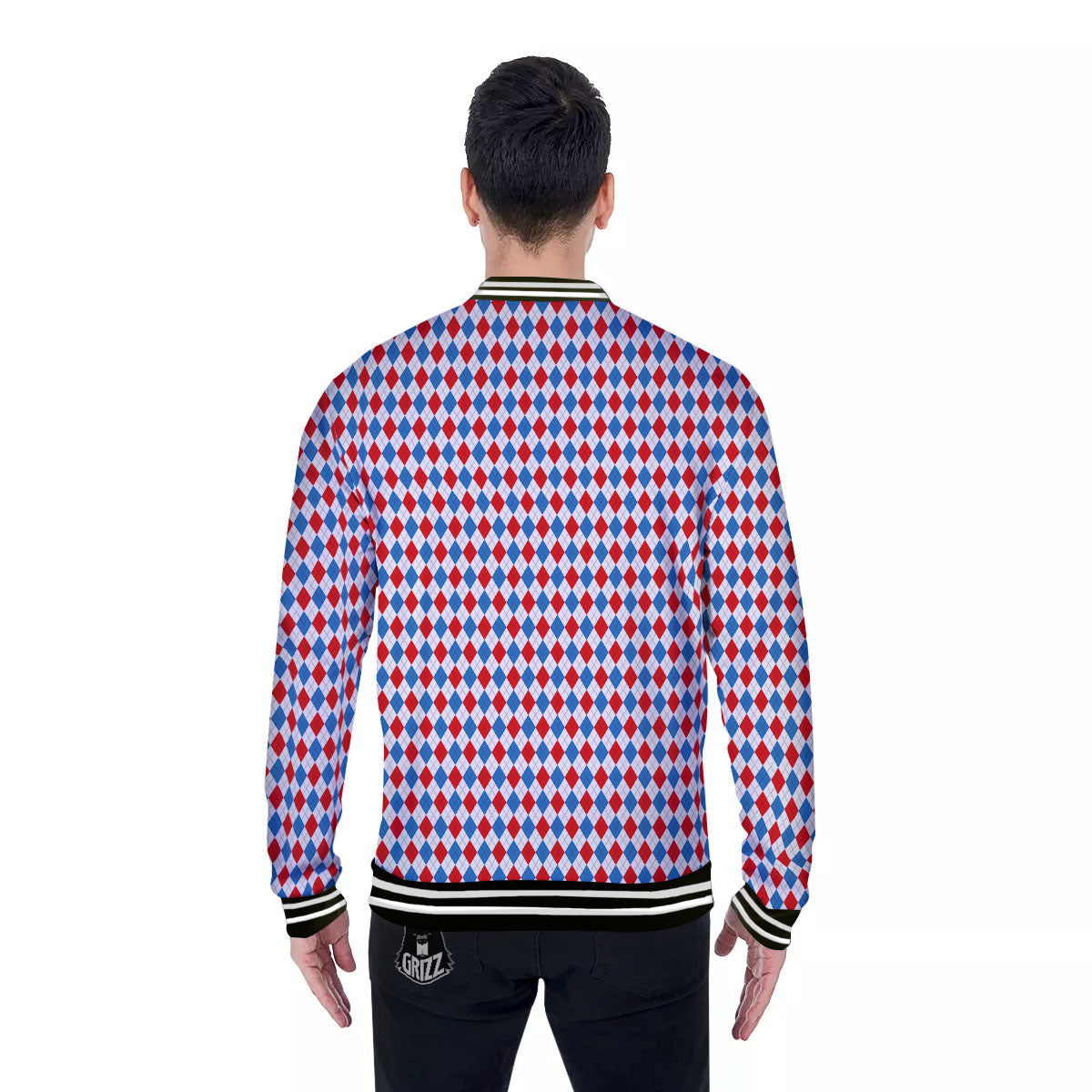 White Blue And Red Argyle Print Pattern Baseball Jacket-grizzshop
