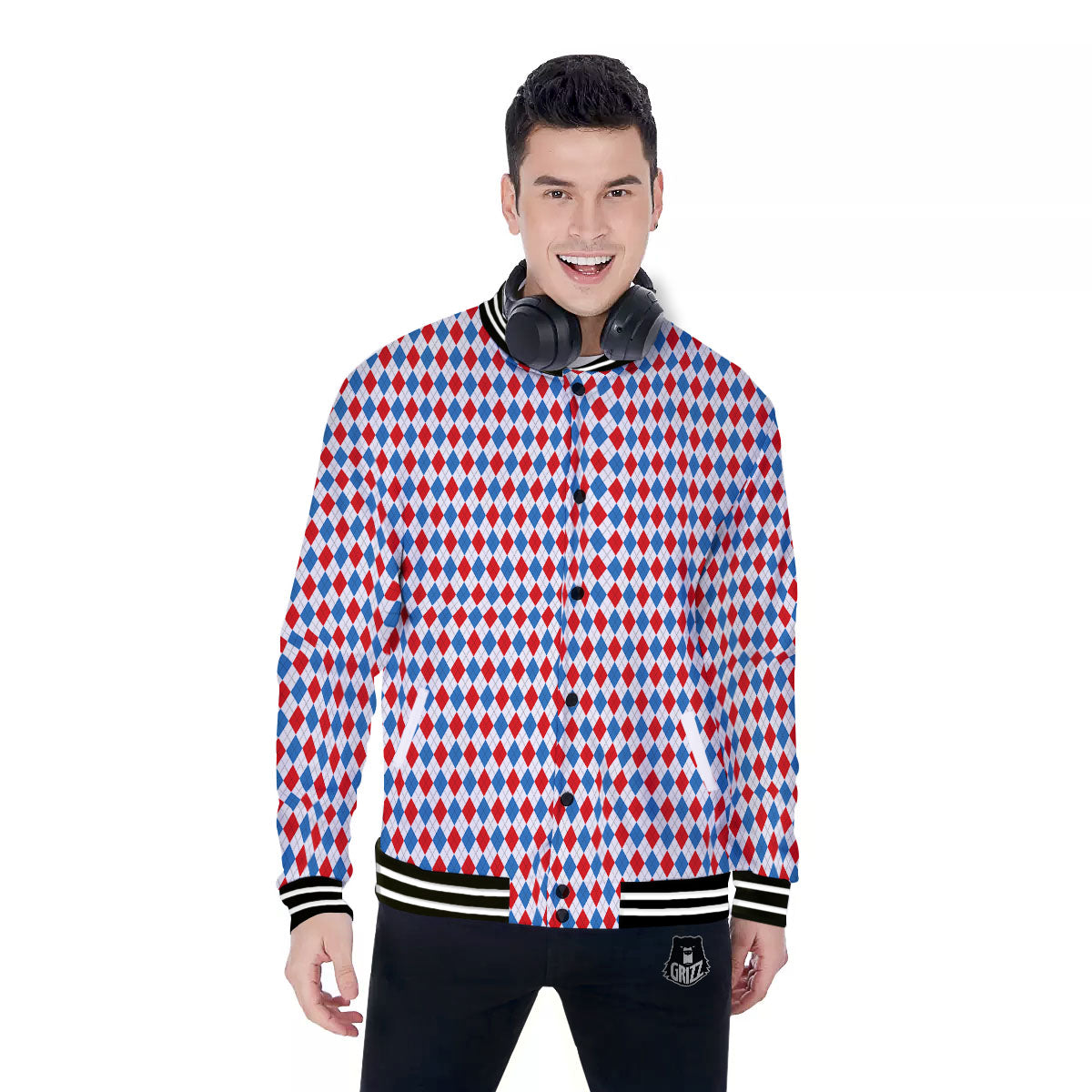 White Blue And Red Argyle Print Pattern Baseball Jacket-grizzshop
