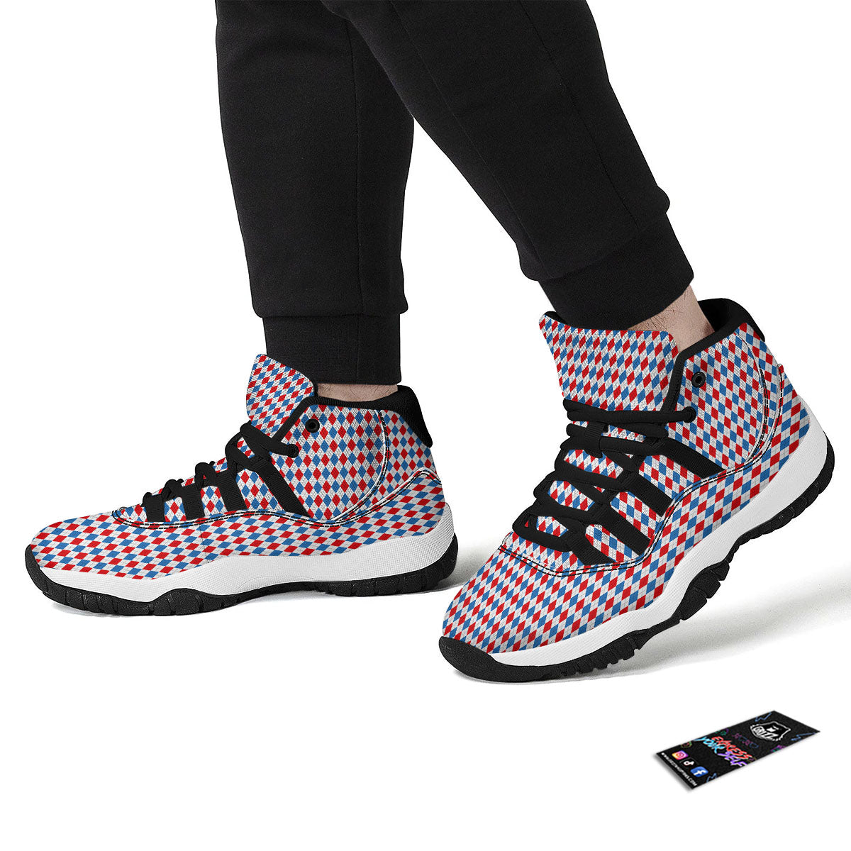 White Blue And Red Argyle Print Pattern Black Bball Shoes-grizzshop