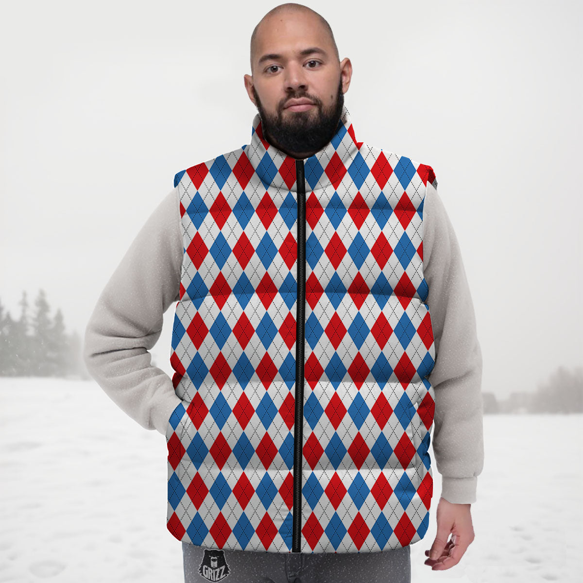 White Blue And Red Argyle Print Pattern Down Vest-grizzshop