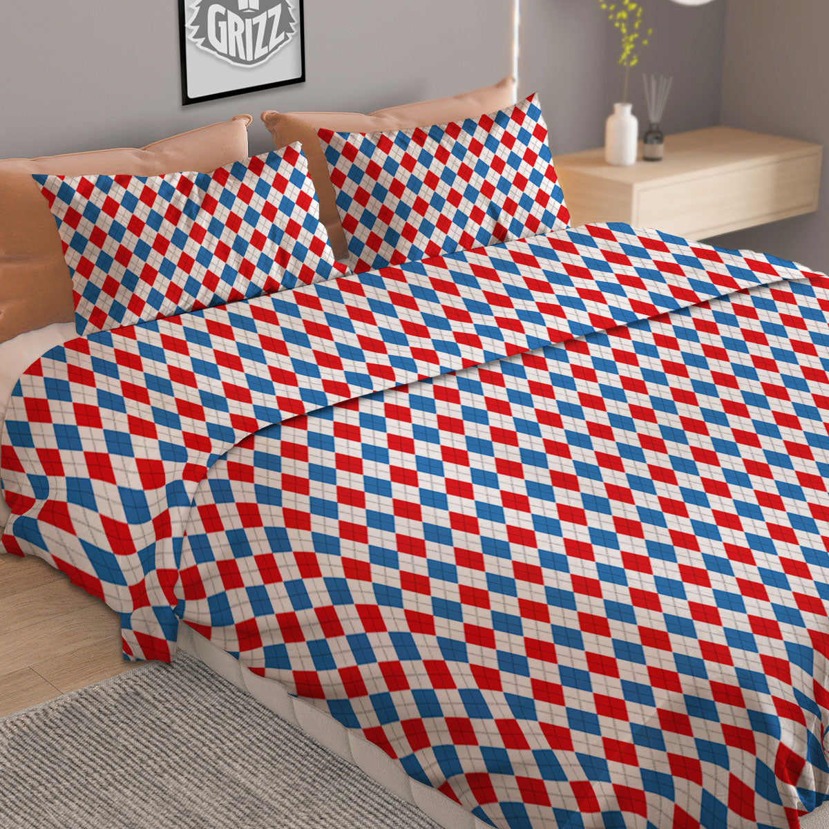 White Blue And Red Argyle Print Pattern Duvet Cover Bedding Set