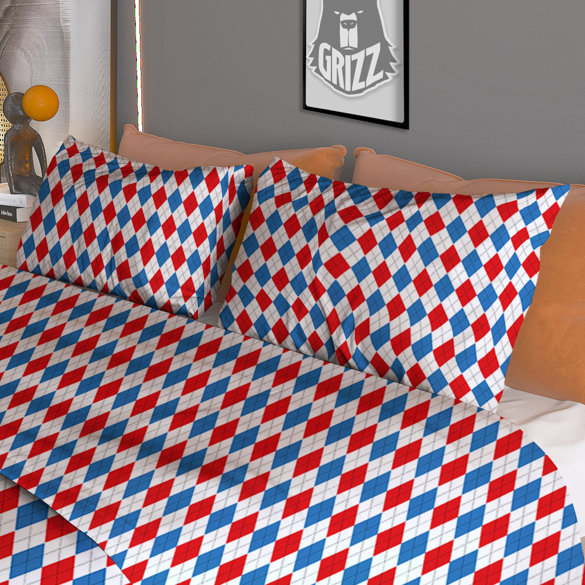 White Blue And Red Argyle Print Pattern Duvet Cover Bedding Set