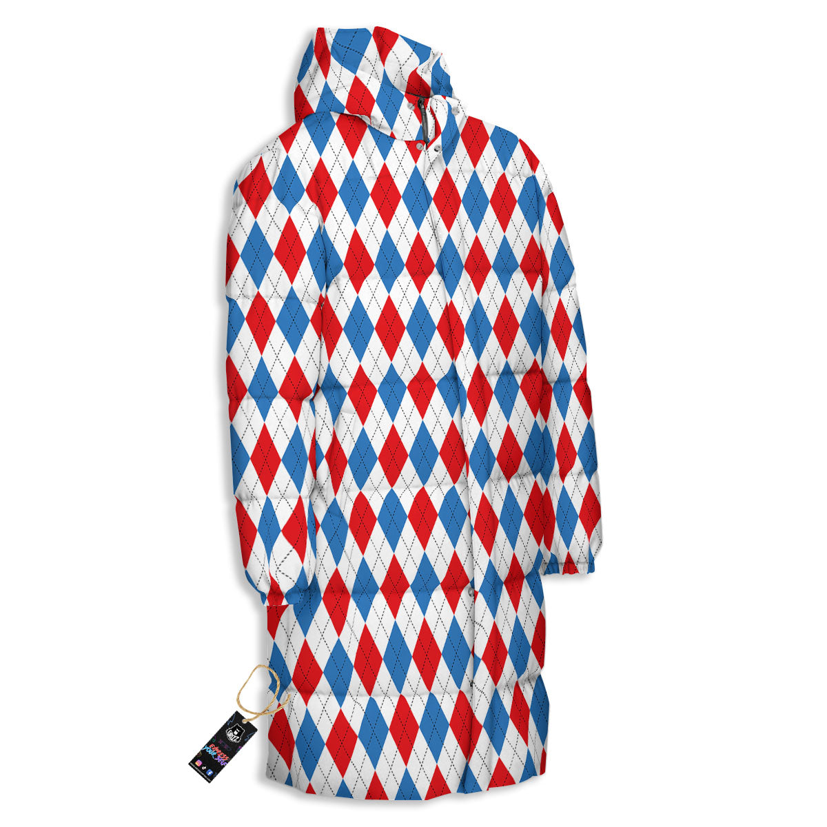 White Blue And Red Argyle Print Pattern Long Down Jacket-grizzshop