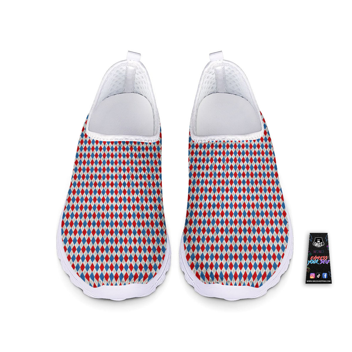 White Blue And Red Argyle Print Pattern Nurse Shoes-grizzshop