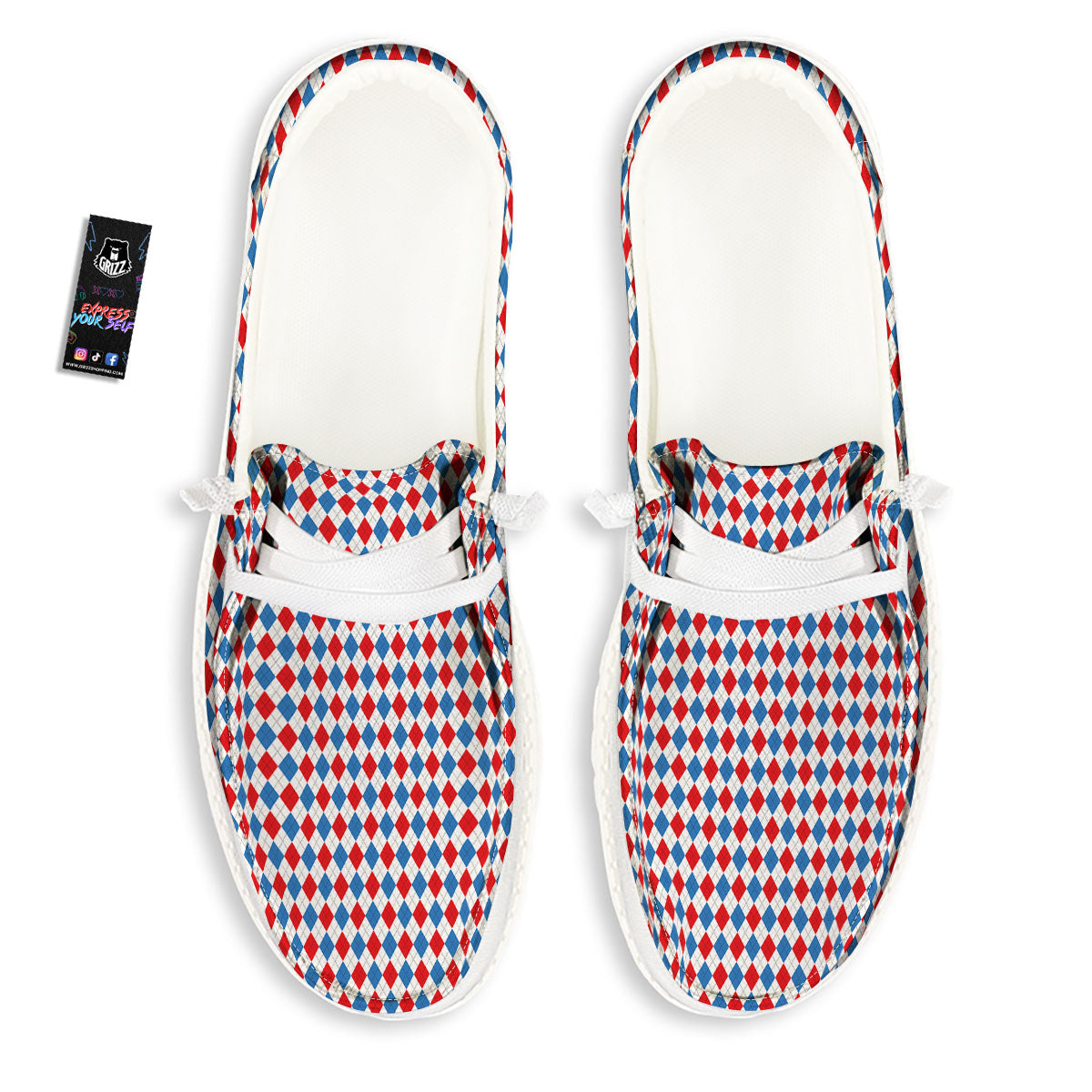 White Blue And Red Argyle Print Pattern White Loafers-grizzshop