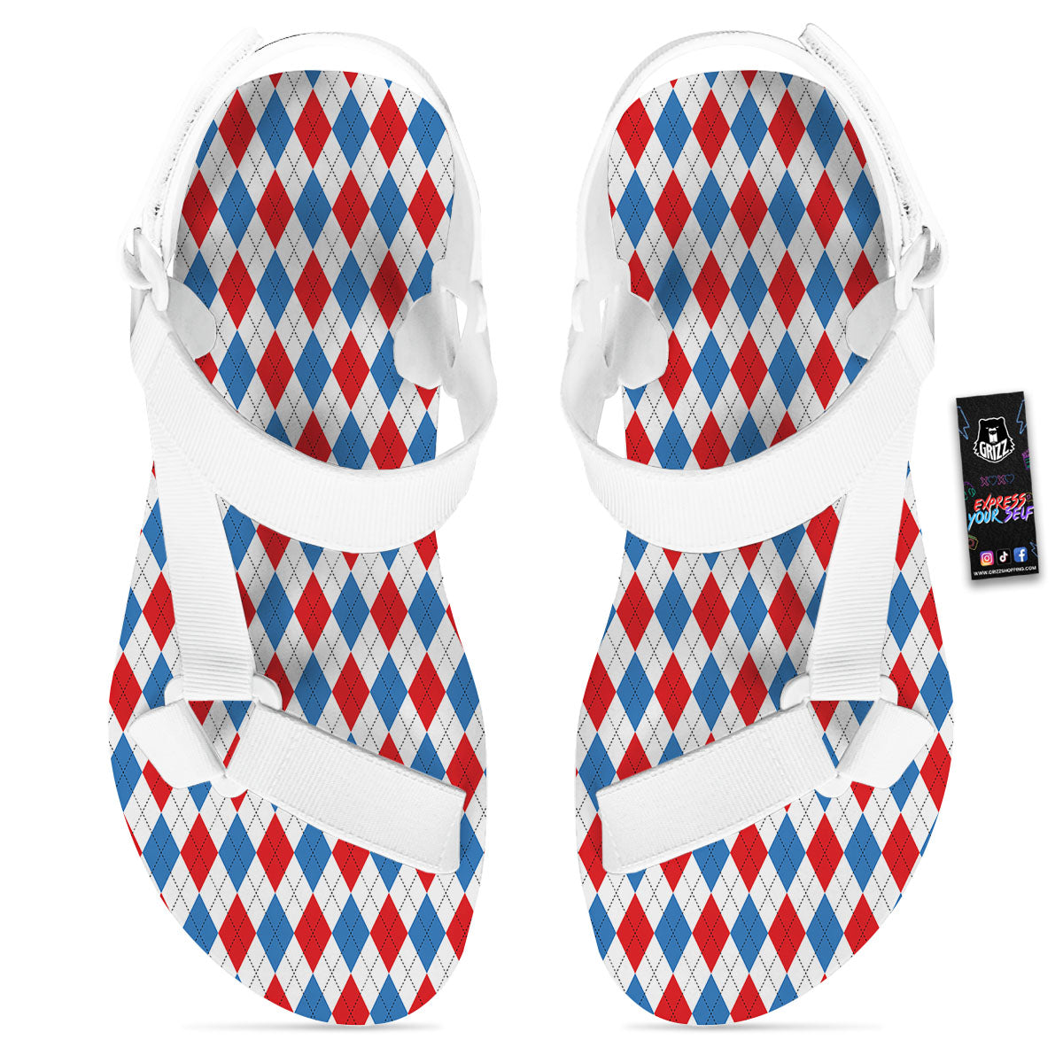 White Blue And Red Argyle Print Pattern White Open Toe Sandals-grizzshop