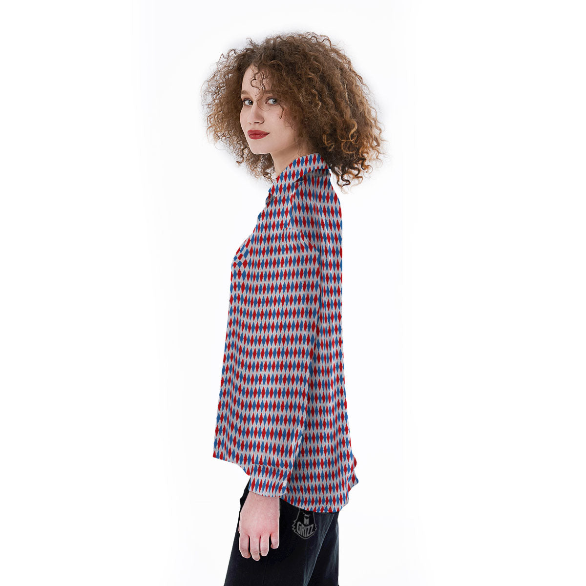 White Blue And Red Argyle Print Pattern Women's Long Sleeve Shirts-grizzshop