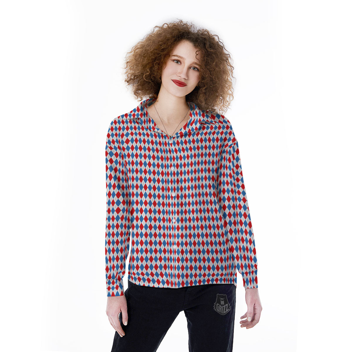 White Blue And Red Argyle Print Pattern Women's Long Sleeve Shirts-grizzshop