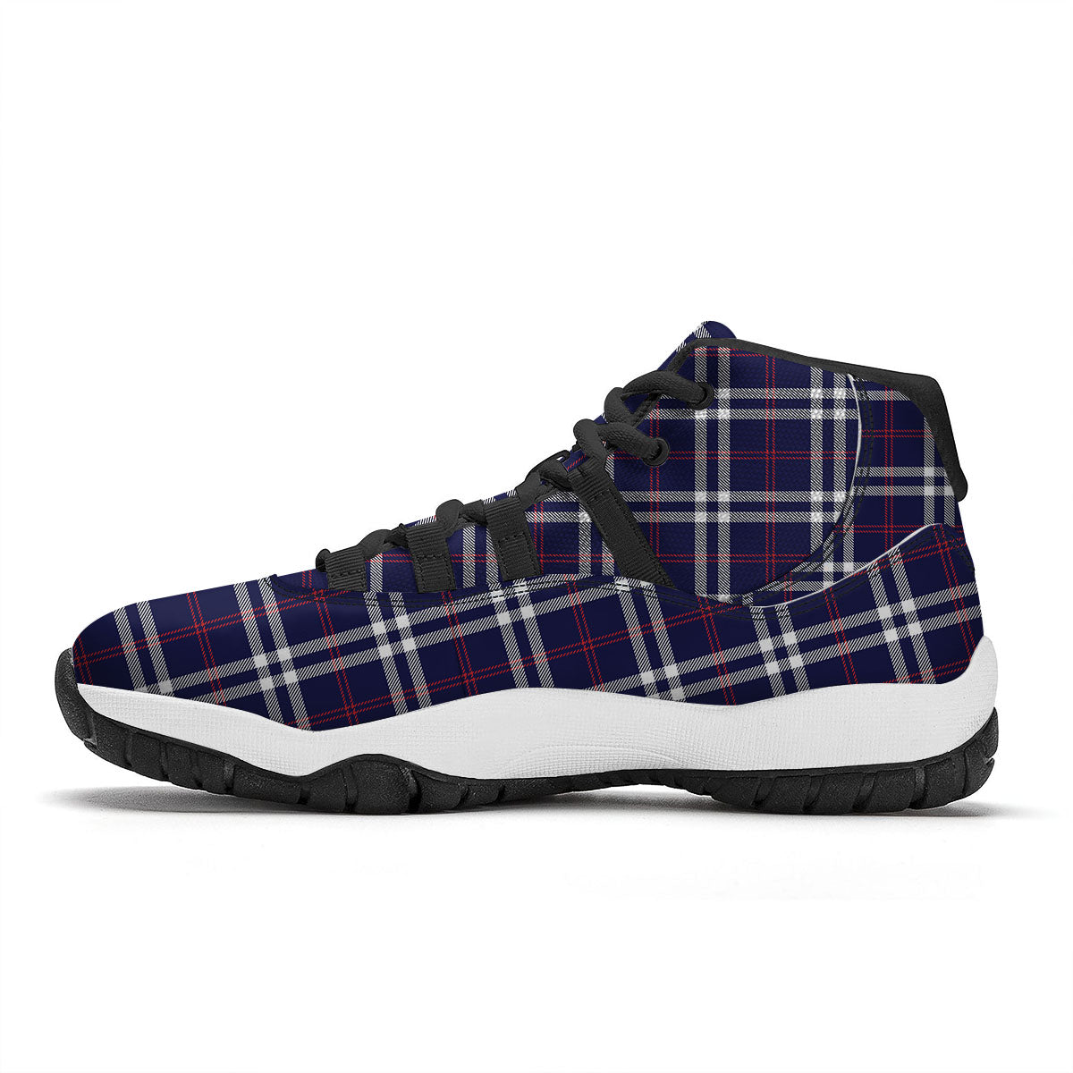 White Blue And Red Tartan Print Pattern Black Bball Shoes-grizzshop