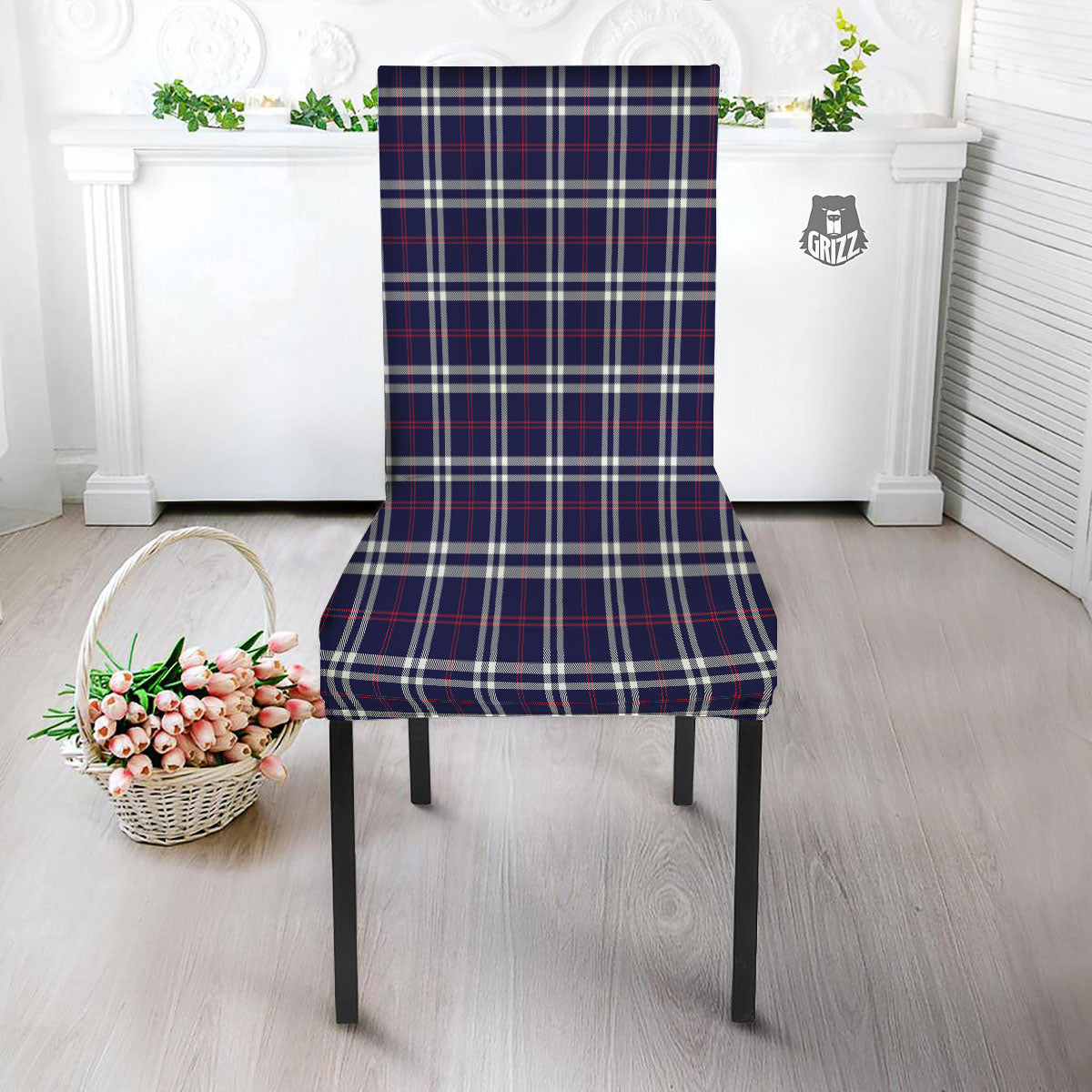 White Blue And Red Tartan Print Pattern Dining Chair Slipcover-grizzshop