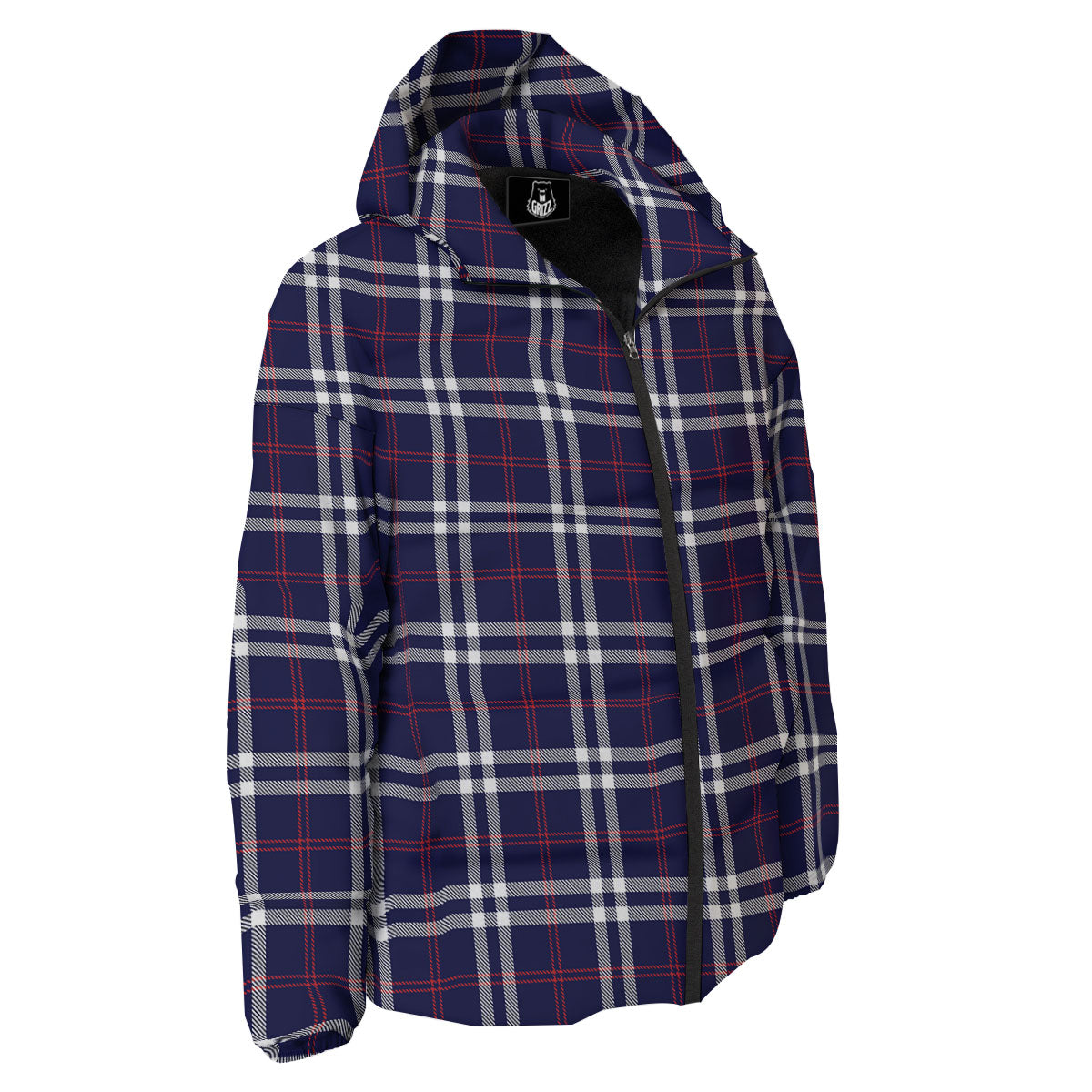 White Blue And Red Tartan Print Pattern Down Jacket-grizzshop