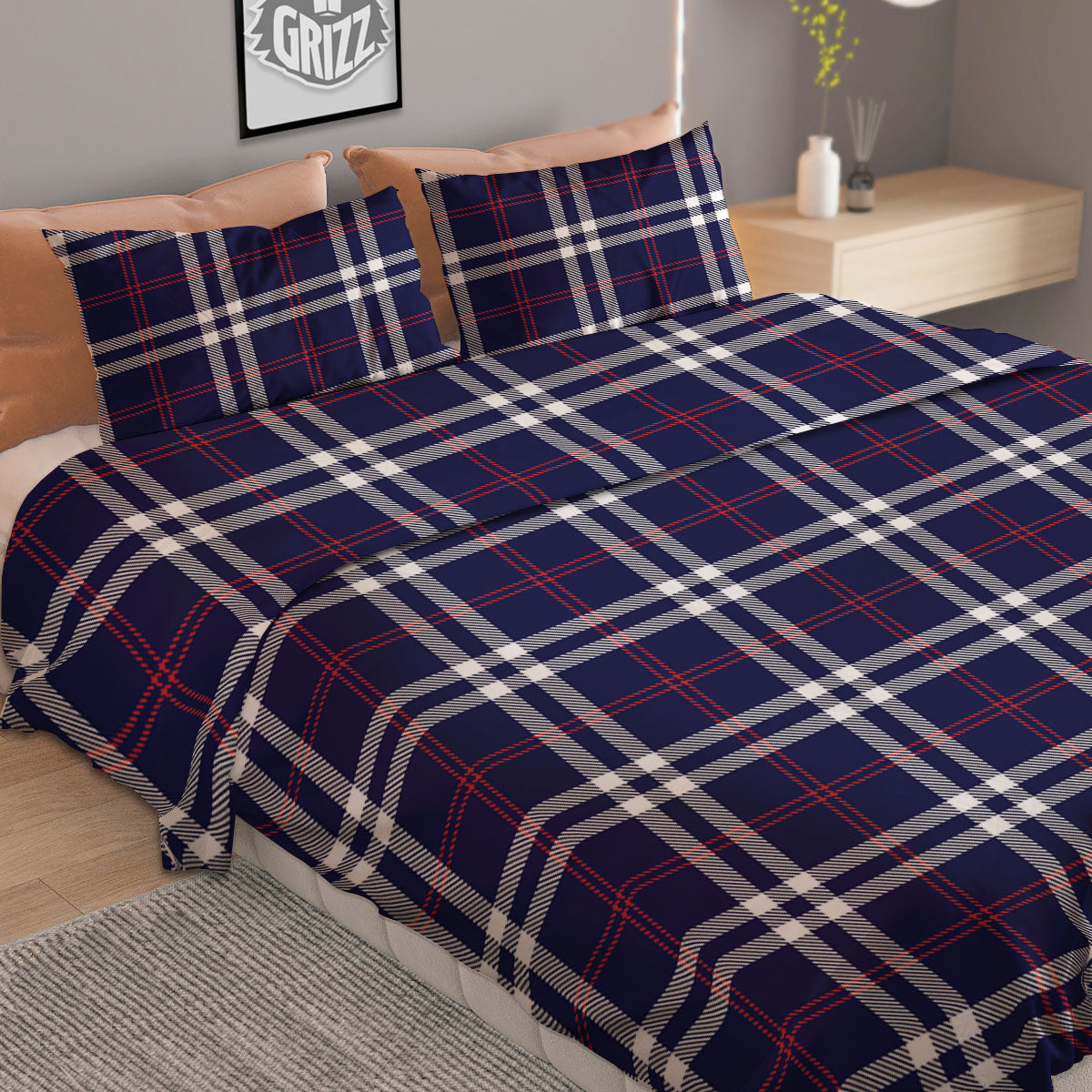 White Blue And Red Tartan Print Pattern Duvet Cover Bedding Set