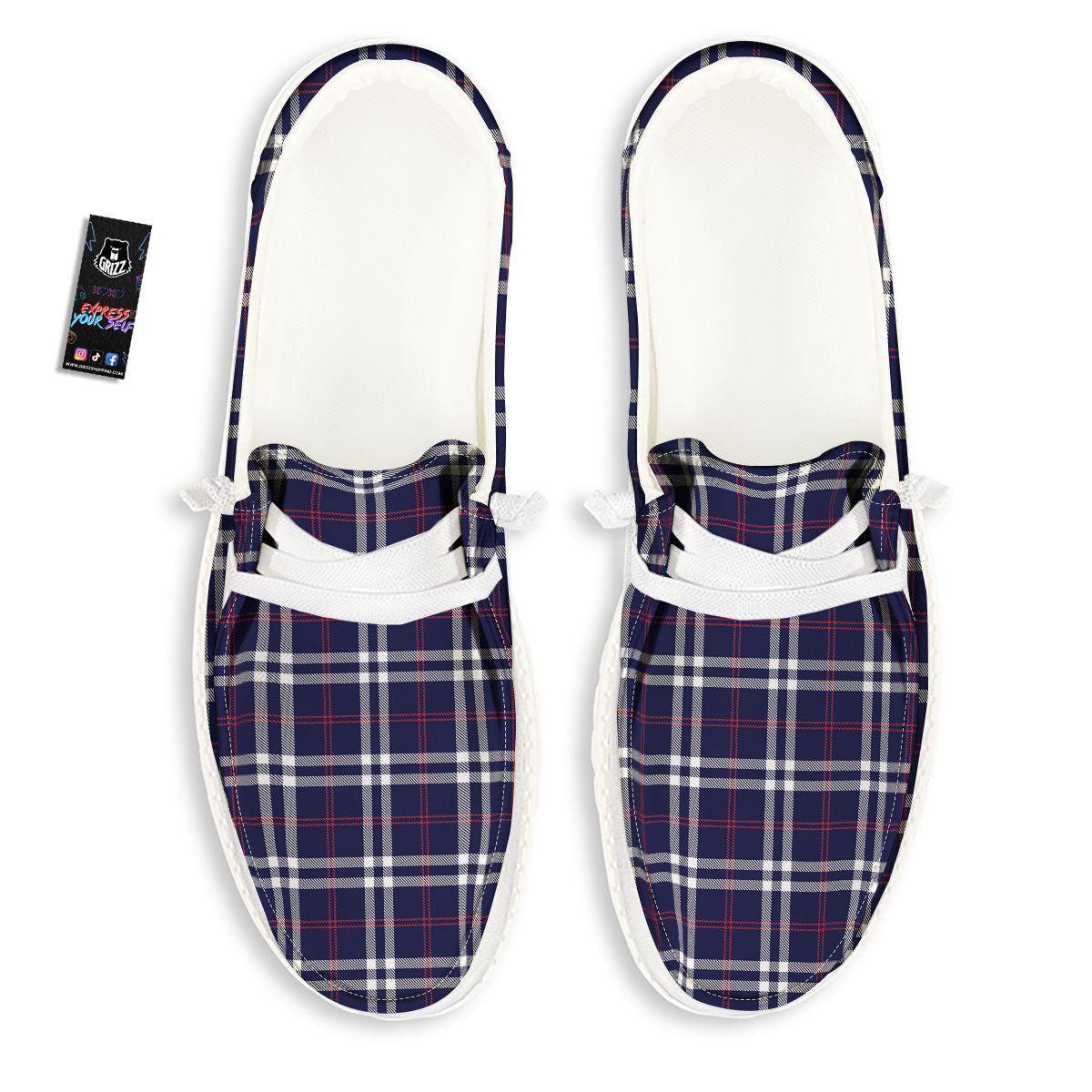 White Blue And Red Tartan Print Pattern White Loafers-grizzshop