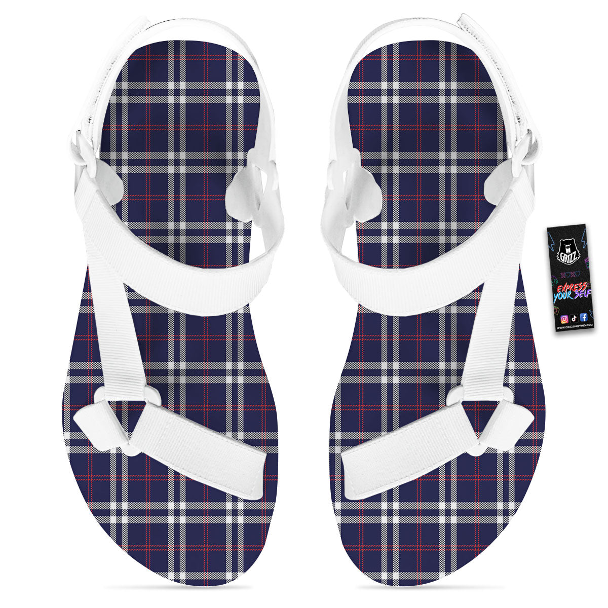 White Blue And Red Tartan Print Pattern White Open Toe Sandals-grizzshop