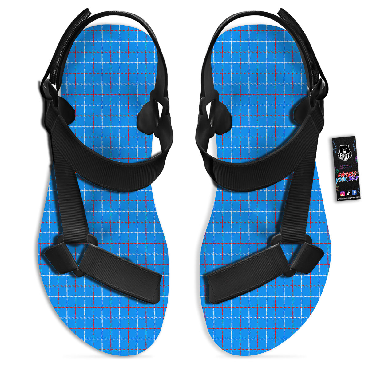 White Blue And Red Tattersall Print Black Open Toe Sandals-grizzshop