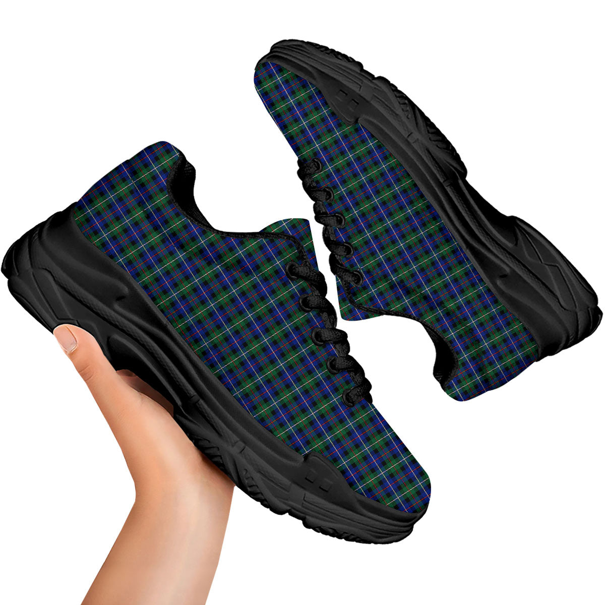 White Buffalo And Green Blue Plaid Print Black Chunky Shoes-grizzshop