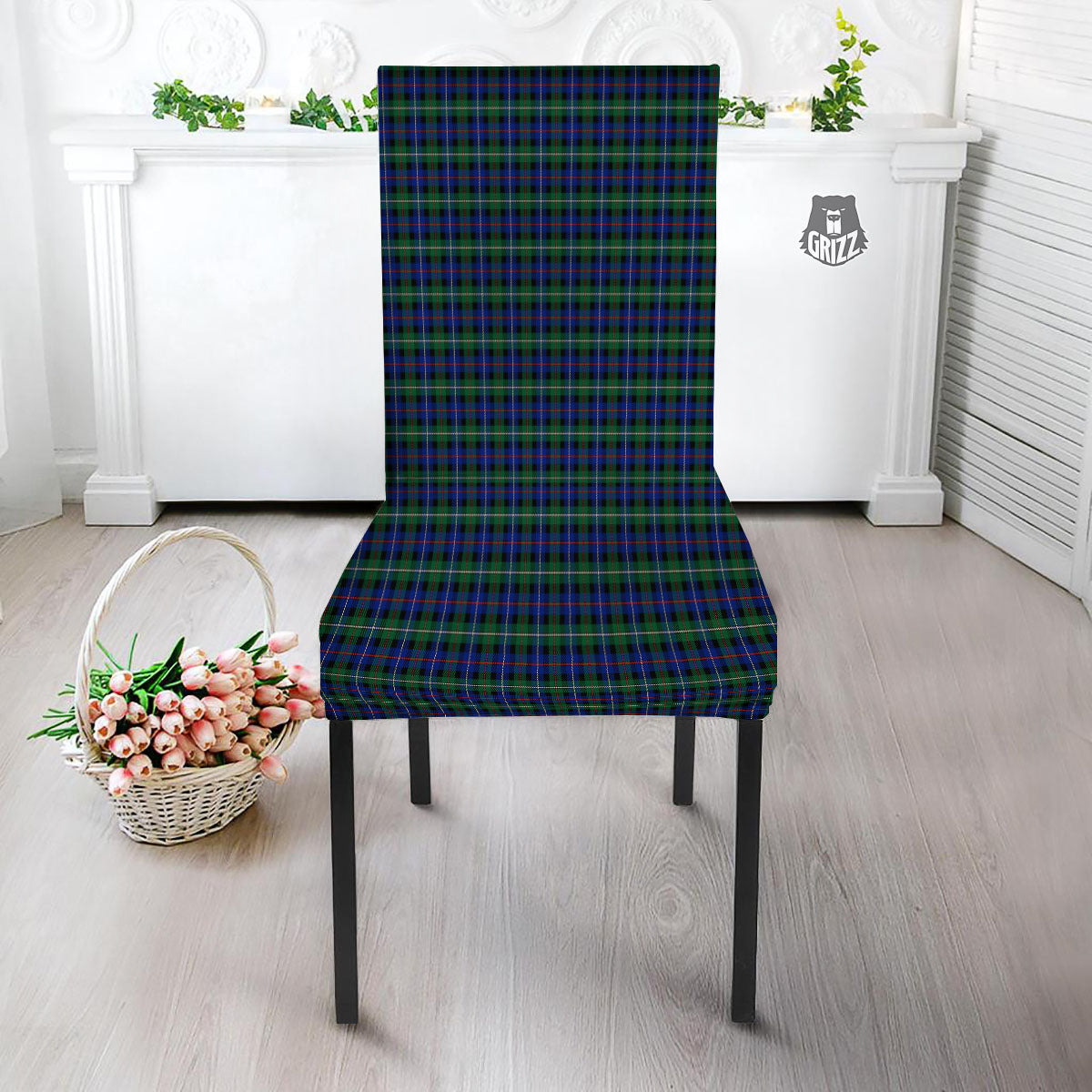 White Buffalo And Green Blue Plaid Print Dining Chair Slipcover-grizzshop