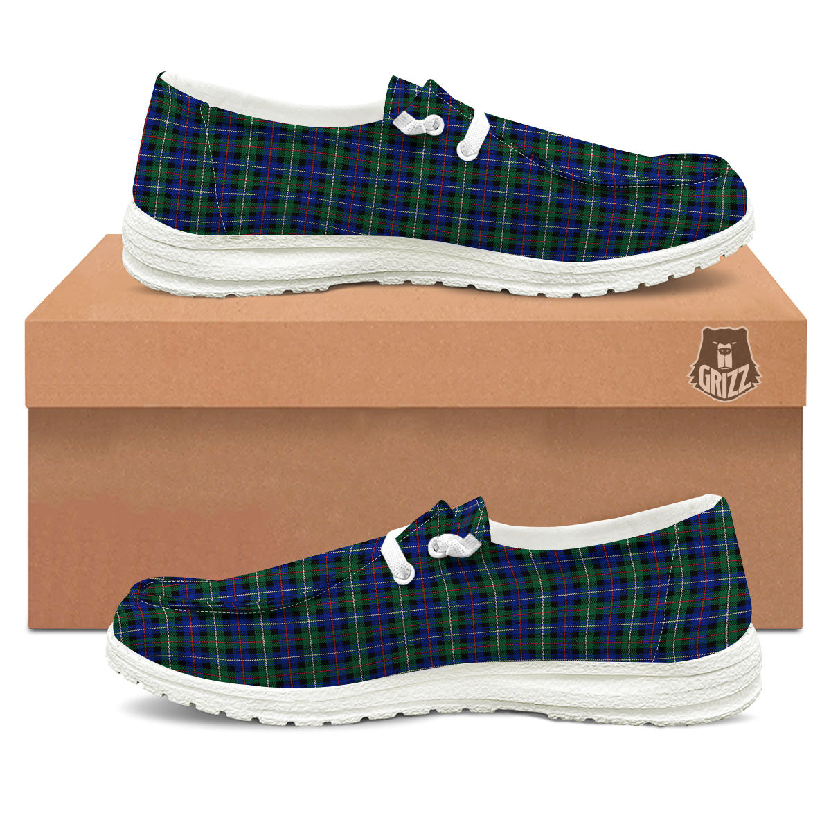 White Buffalo And Green Blue Plaid Print White Loafers-grizzshop