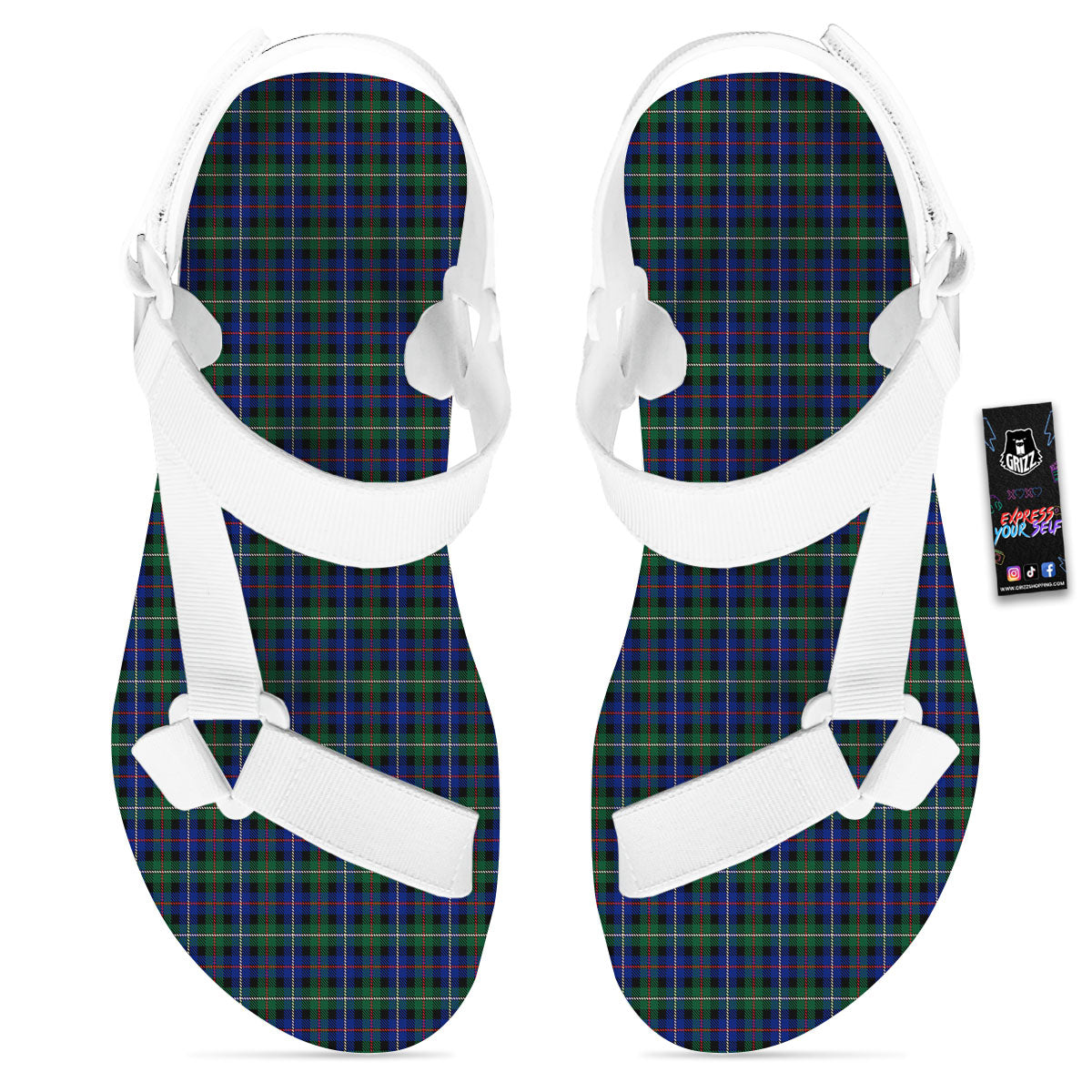 White Buffalo And Green Blue Plaid Print White Open Toe Sandals-grizzshop